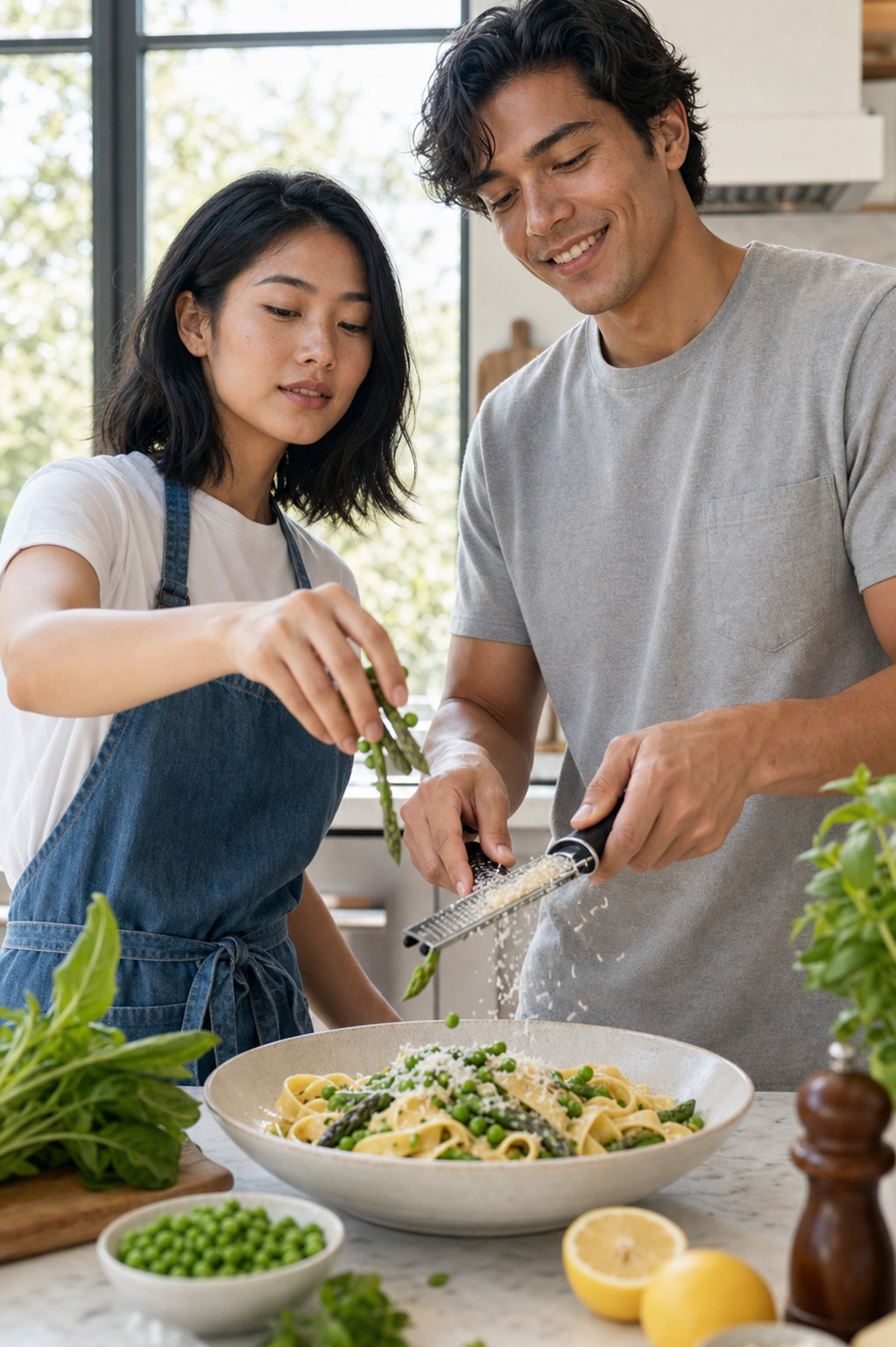 Marlowe in a white tee and denim apron tosses asparagus and peas into a wide bowl of spring pasta while Tate in a light grey tee grates parmesan over it at a bright kitchen counter.