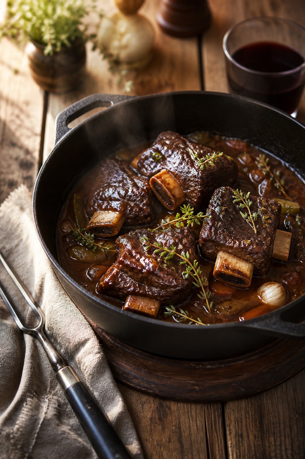 A cast-iron pot of braised short ribs in a rich glossy sauce with herbs, on a wooden farmhouse table with a carving fork and linen napkin beside it.