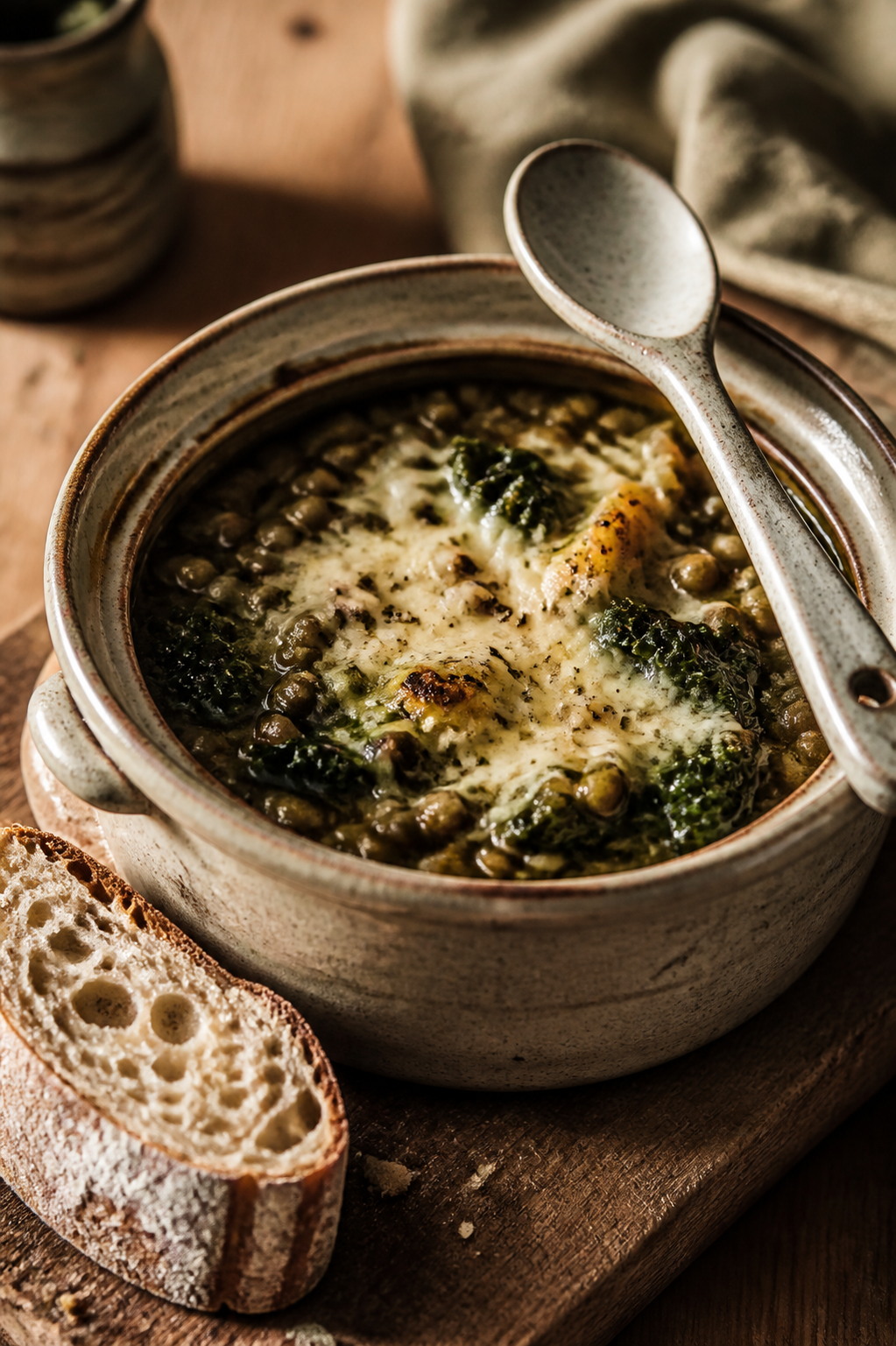 A rustic pot of green lentil and kale soup with melted cheese on top and a thick slice of crusty bread beside it on a wooden counter.