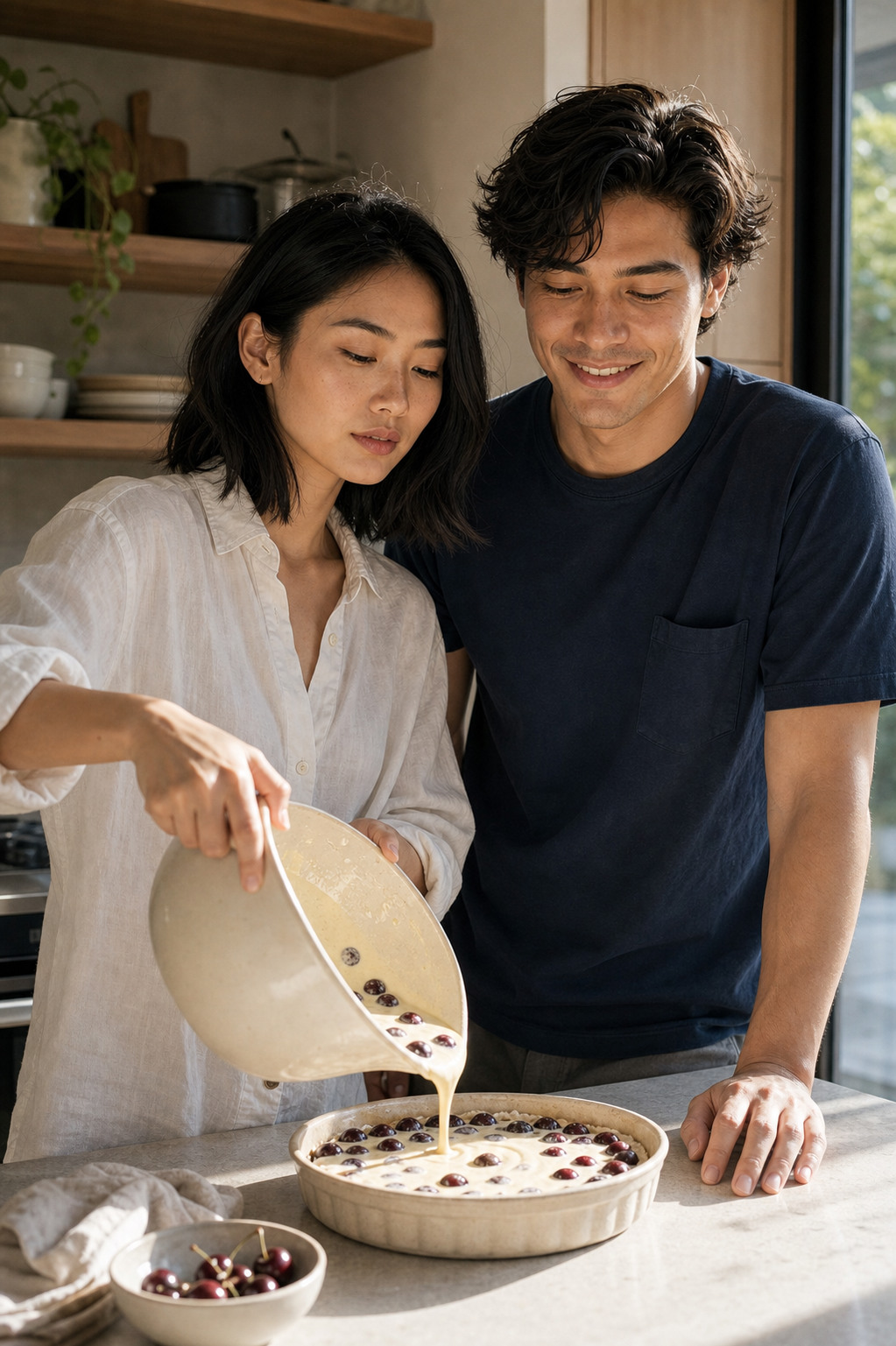 Marlowe in a white linen shirt pours cherry batter into a ceramic clafoutis dish at the kitchen counter while Tate in a navy tee watches with a soft smile.
