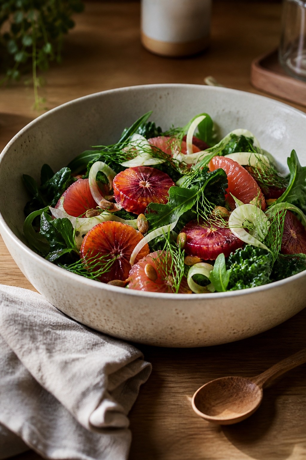 A large ceramic bowl of winter greens salad with bright citrus segments, shaved fennel, toasted seeds, and a light vinaigrette, on a wooden kitchen counter with a linen napkin.
