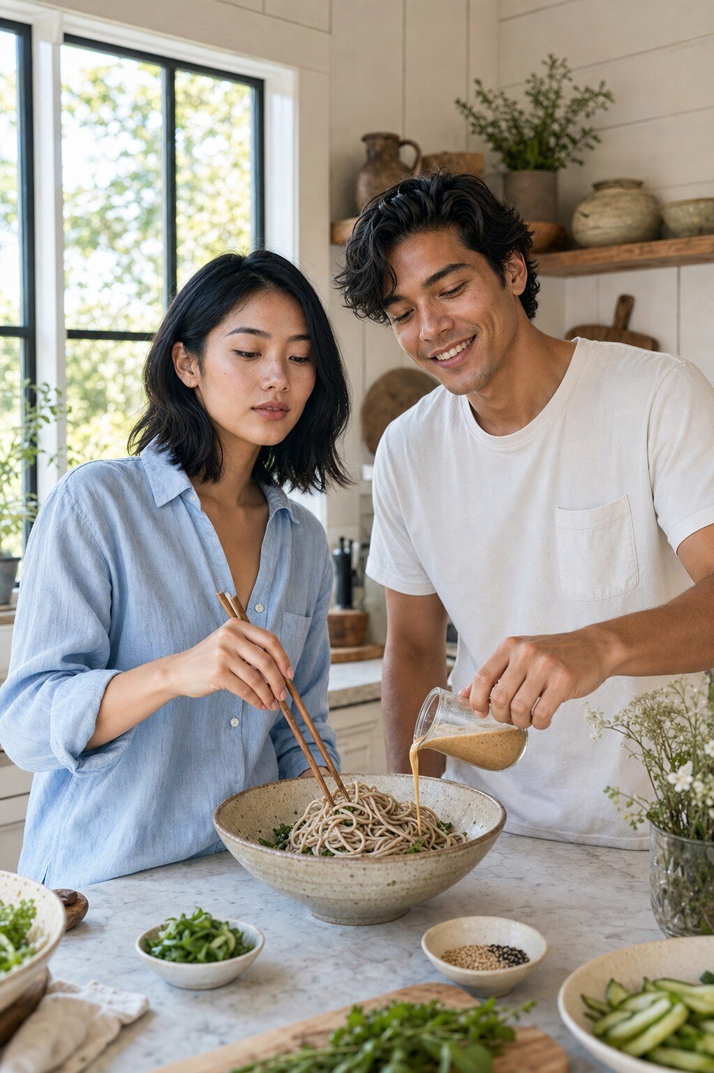 Marlowe in a pale blue linen shirt tosses cold soba noodles in a wide ceramic bowl with chopsticks while Tate in a white tee pours the sesame dressing at a bright farmhouse counter.
