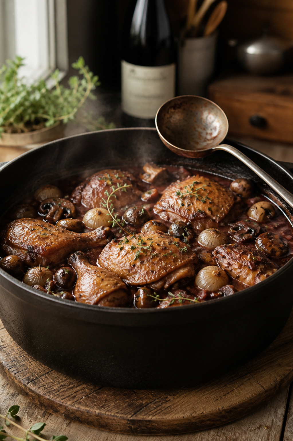 A deep cast-iron dutch oven of coq au vin — braised chicken legs, mushrooms, and pearl onions in a glossy red wine sauce — on a wooden trivet, gentle steam rising.