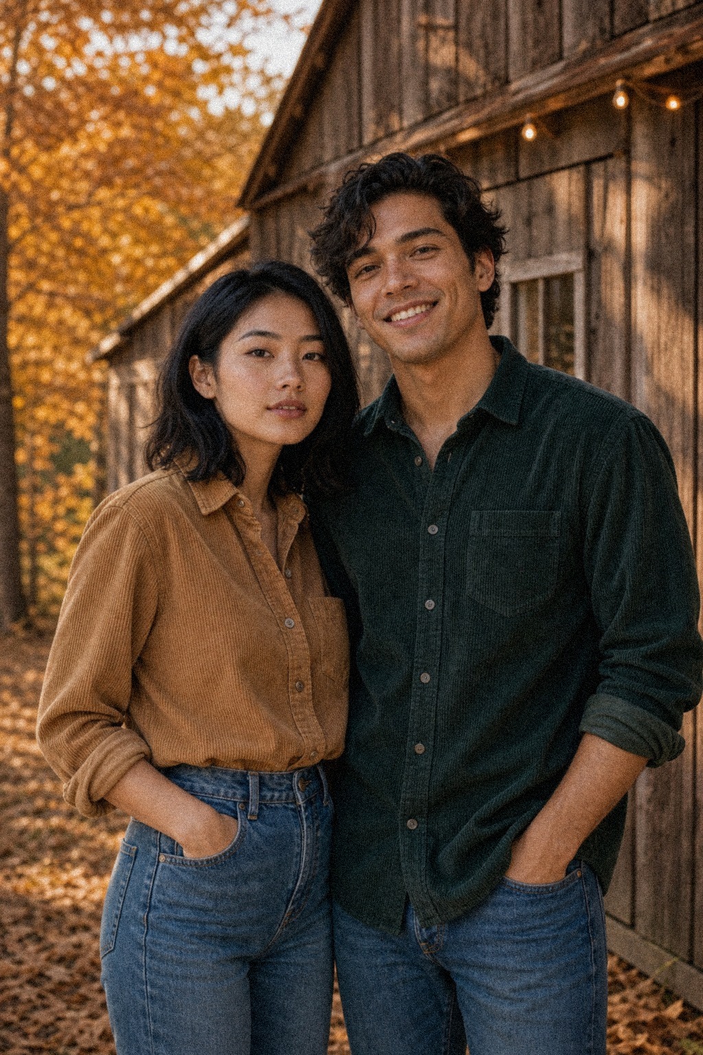 Marlowe and Tate standing beside a rustic wooden barn in autumn, Marlowe in a tan corduroy shirt laughing, Tate in a dark green corduroy shirt smiling warmly at her, warm fall light and fallen leaves.