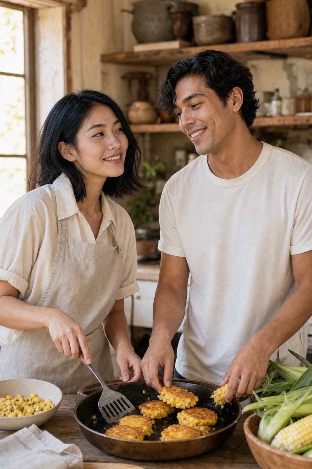 Marlowe and Tate standing together at a wooden farmhouse counter, a bronze-toned cast iron skillet of golden corn fritters between them, a bowl of fresh corn kernels and ears of corn nearby, warm window light.
