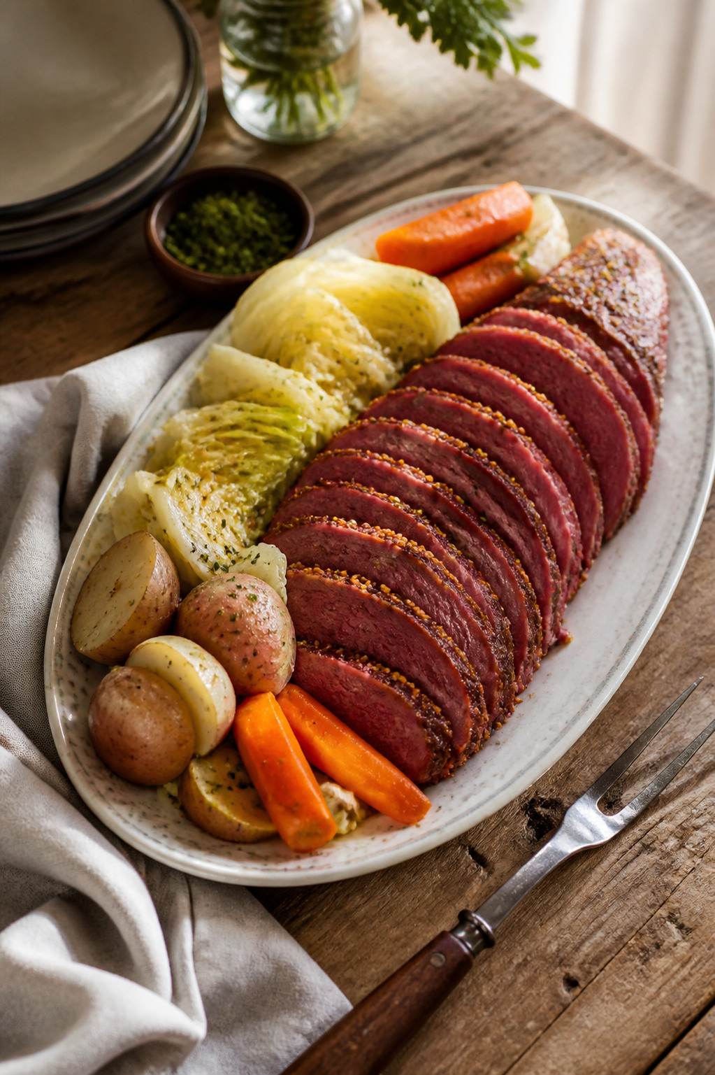 A platter of sliced corned beef and cabbage with carrots and potatoes, a carving fork beside it, on a wooden table with a linen cloth.