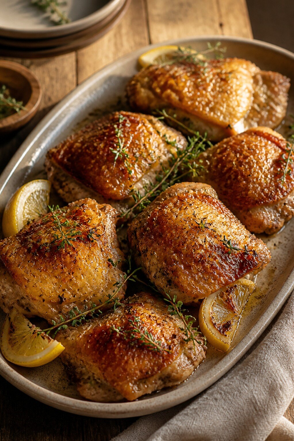 A platter of crispy skillet chicken thighs with golden crackling skin, lemon wedges, and fresh thyme, on a wooden farmhouse table with a linen napkin.