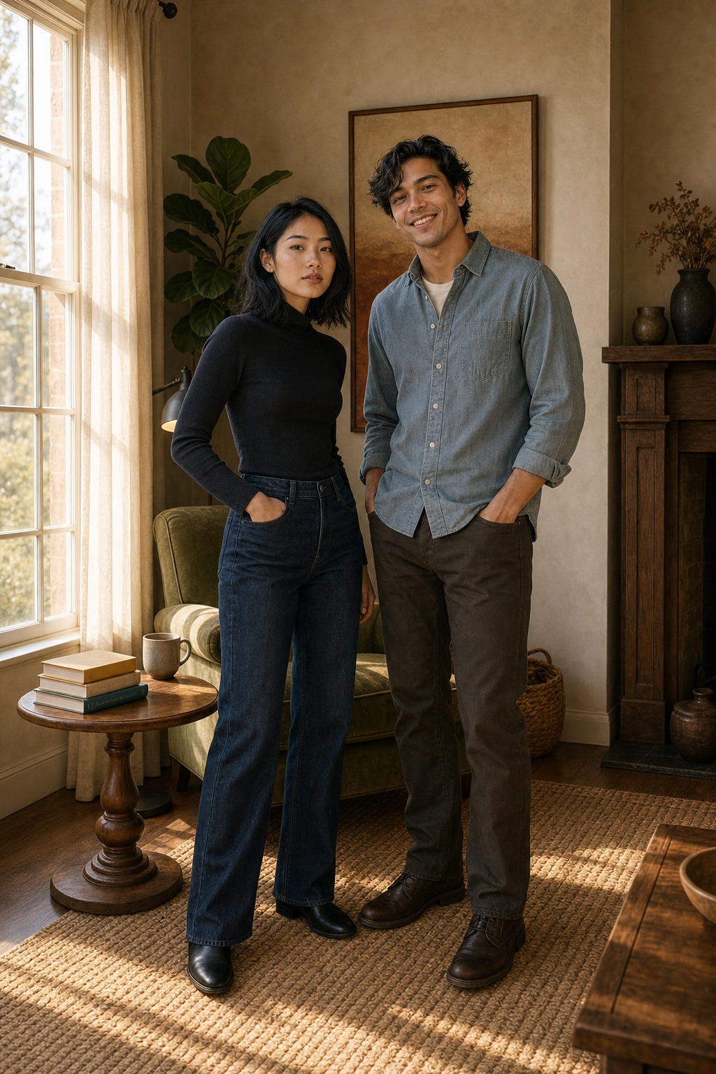 Marlowe and Tate standing together in a sunlit farmhouse living room, Marlowe in dark indigo mid-rise Dojo jeans and a simple knit top, Tate in a neutral chambray shirt, both relaxed and facing the camera, warm window light.
