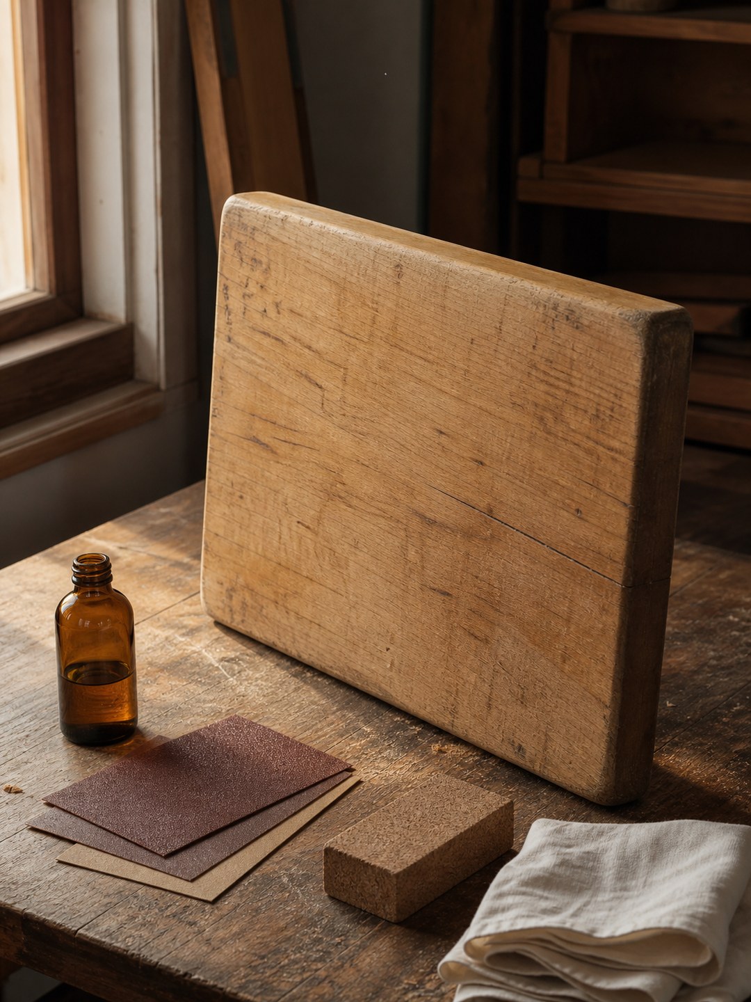 A well-used maple cutting board standing on a worn worktable with an unbranded bottle of mineral oil, sandpaper, a cork sanding block, and a folded cotton cloth.