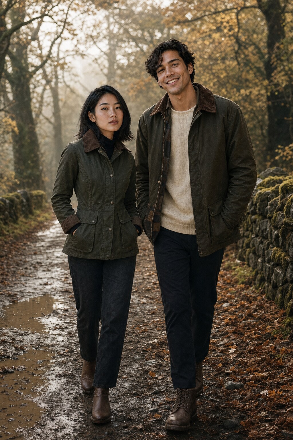 Marlowe and Tate walking a misty autumn woodland path after rain, both wearing olive field jackets with corduroy collars.