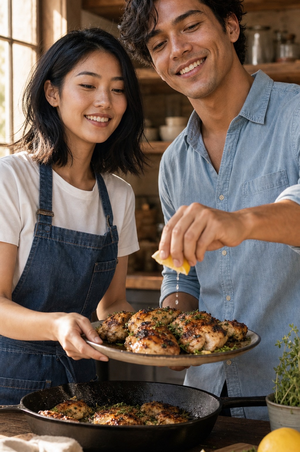 Marlowe in a white tee and denim apron pulls a platter of grilled herb chicken thighs from a cast-iron pan while Tate in a light blue chambray shirt squeezes a lemon wedge over it, both laughing.