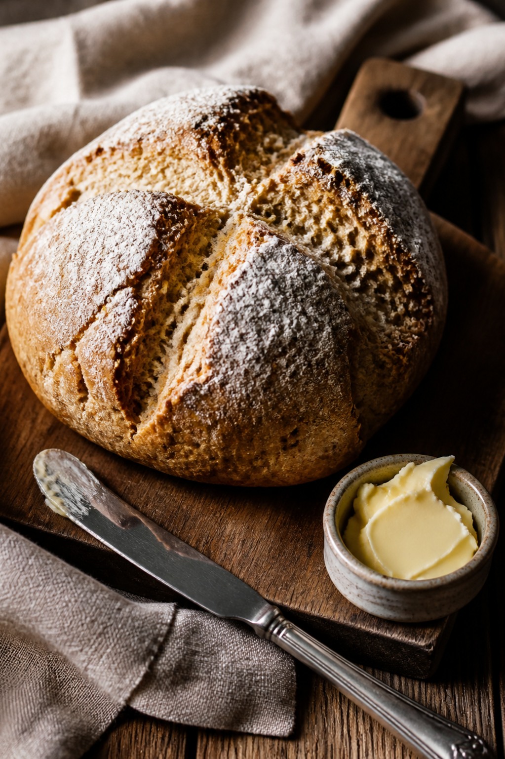 A craggy golden Irish soda bread with a cross cut into the top, dusted with flour, on a wooden board with a butter knife and a small dish of butter.