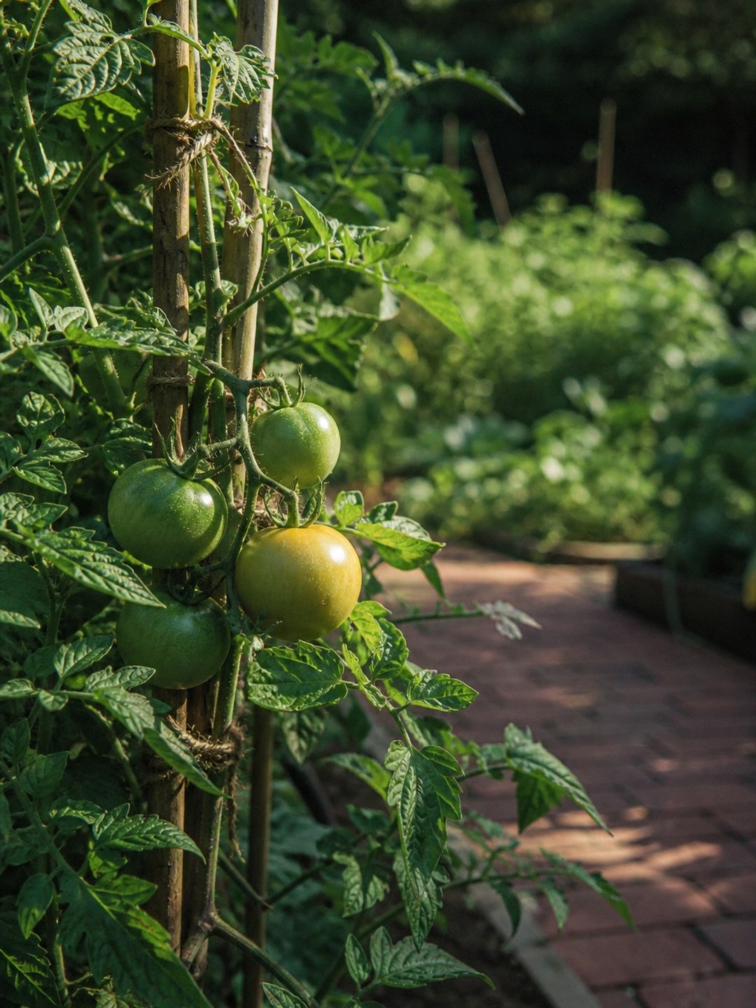 Green tomatoes on a staked vine beside a brick garden path.