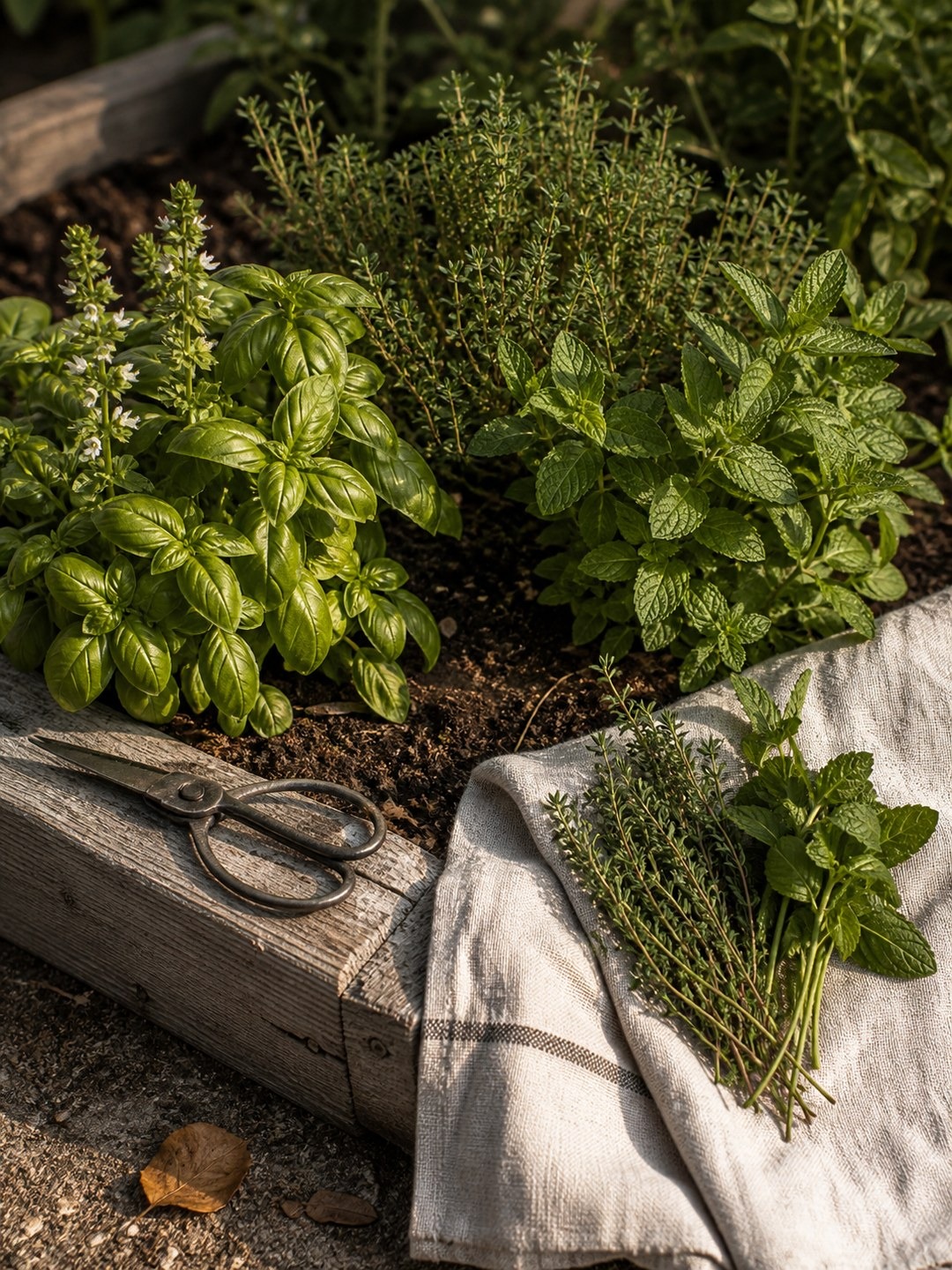 Basil, thyme, mint, scissors, and a small bundle of cut herbs on a towel.