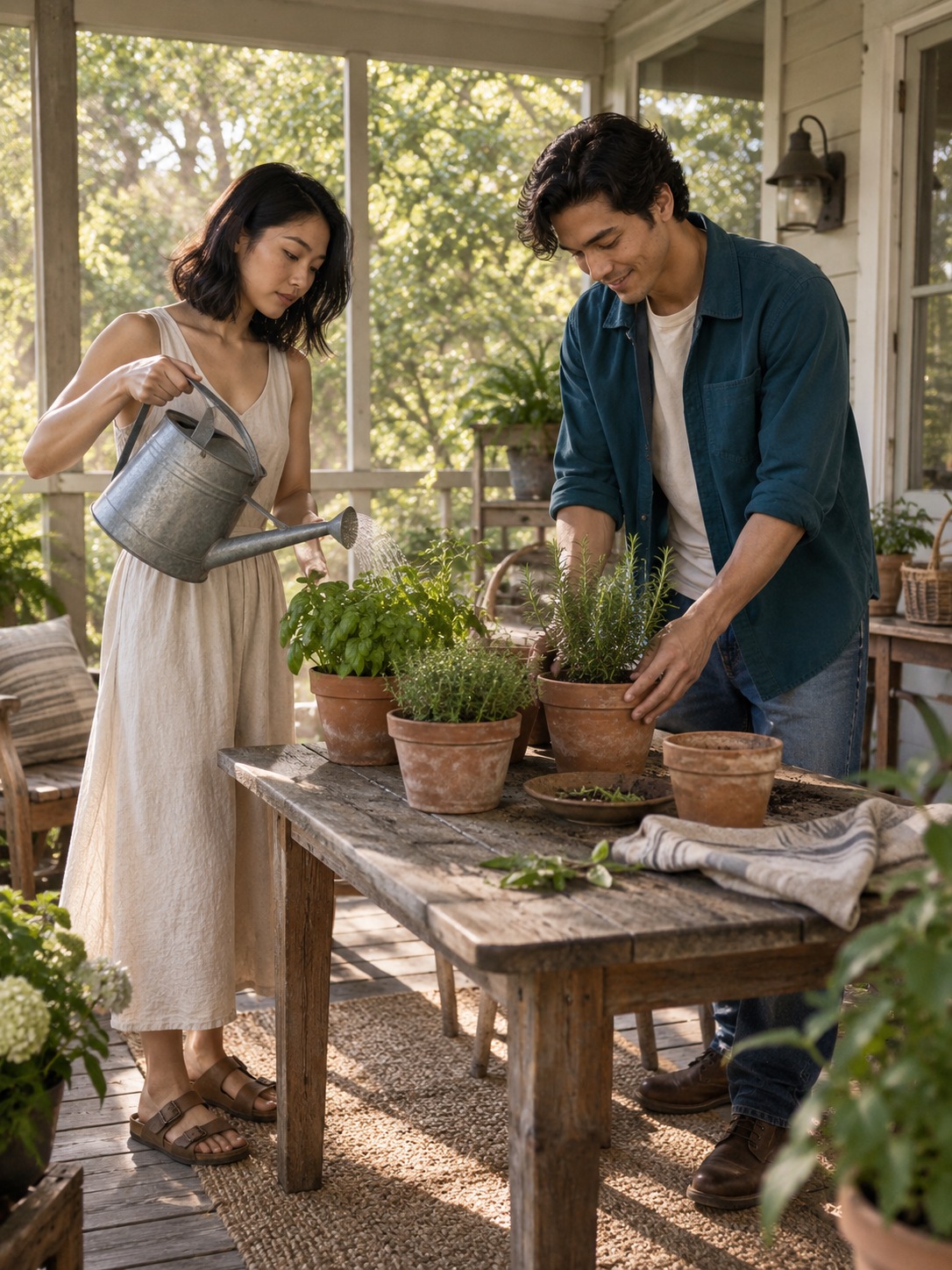 Marlowe watering porch herbs while Tate arranges a terracotta pot.