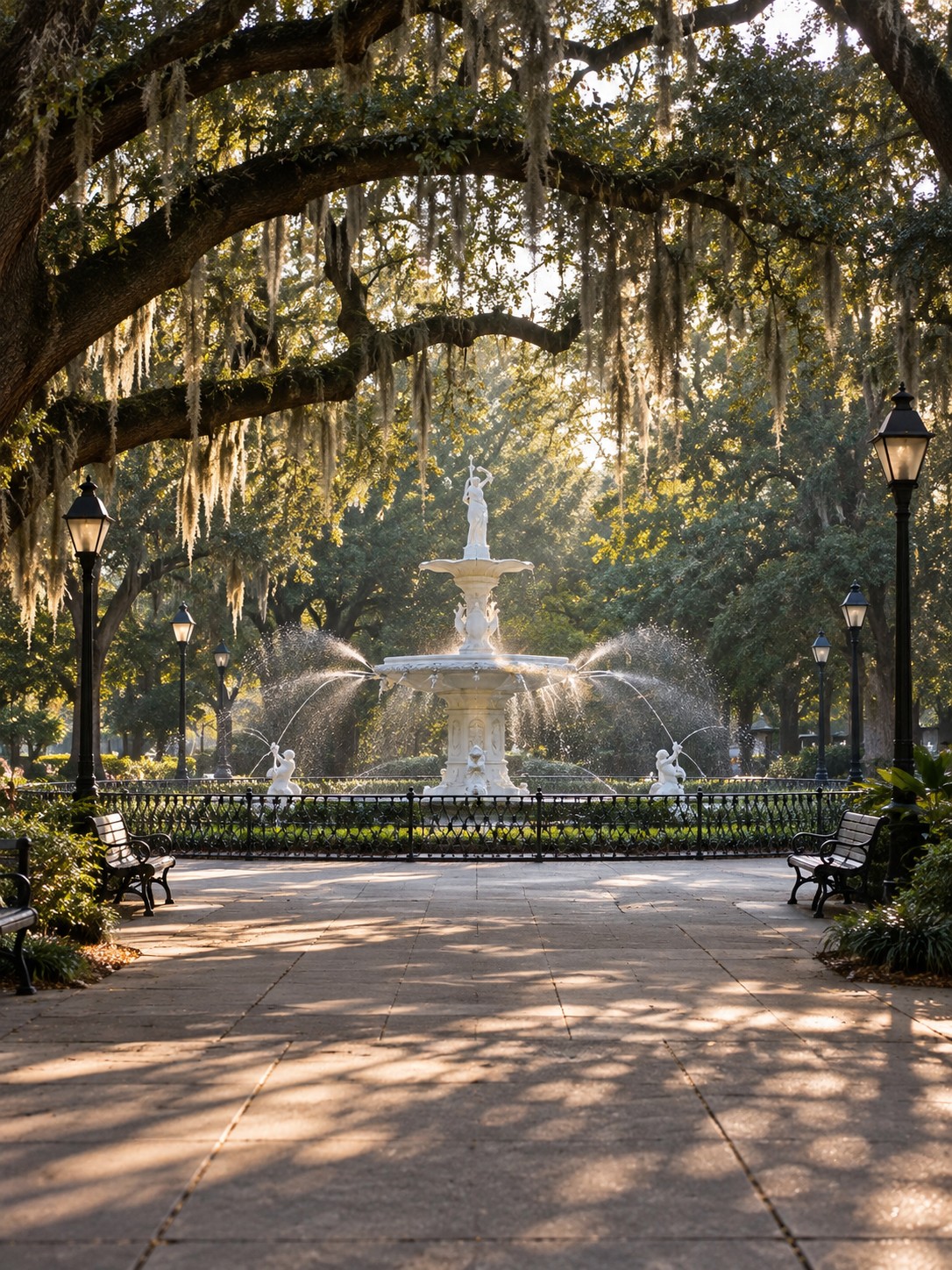 Forsyth Park fountain framed by live oaks and Spanish moss in Savannah.