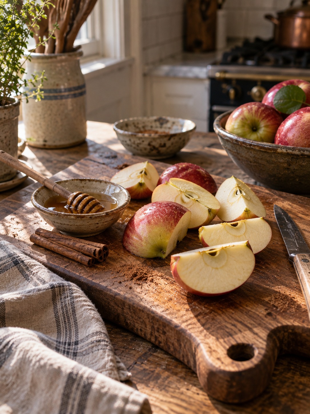 Quartered September apples on a maple cutting board with honey and cinnamon.
