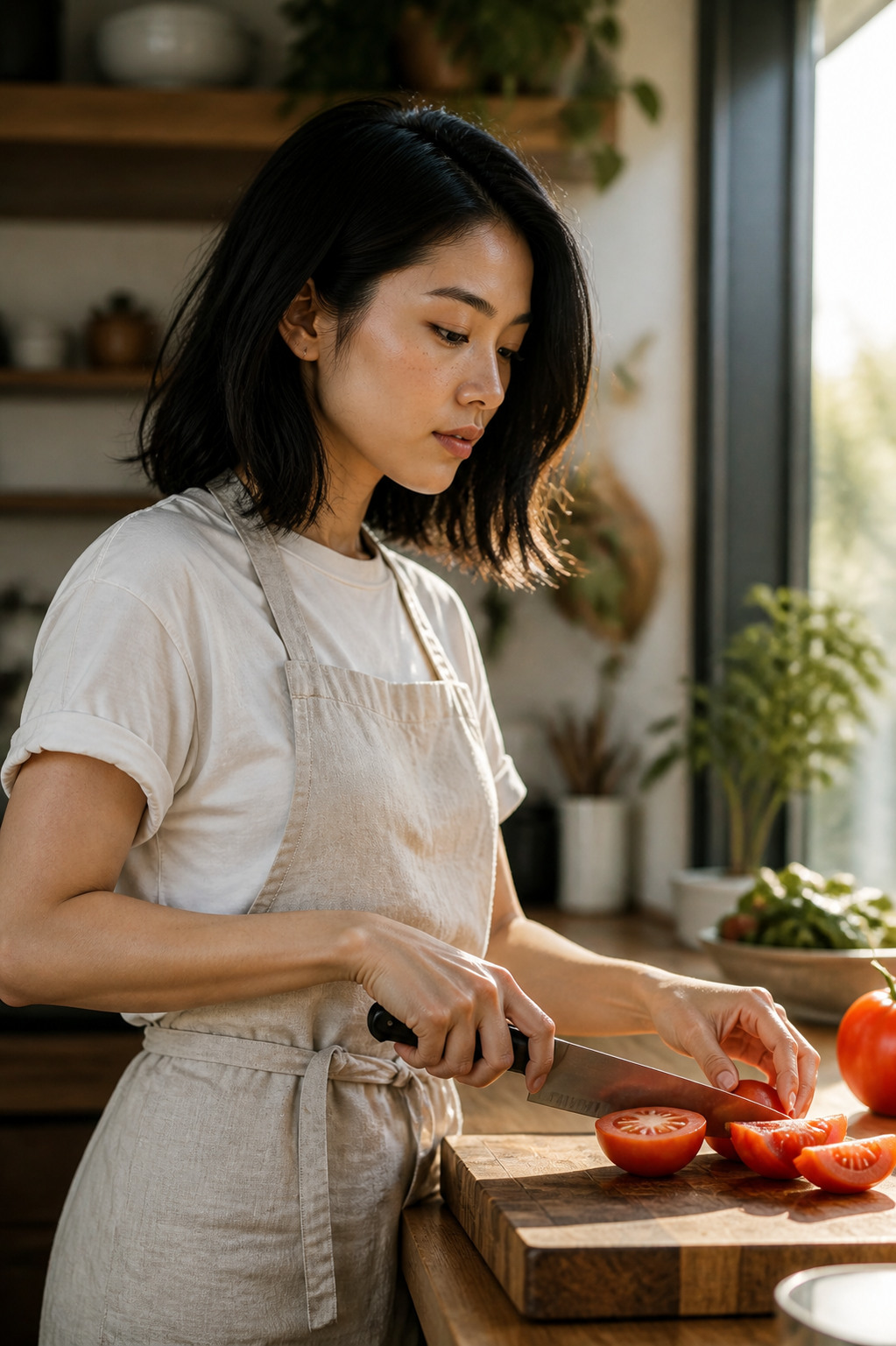 Marlowe slices ripe tomatoes with a chef’s knife at a wooden board in the farmhouse kitchen.