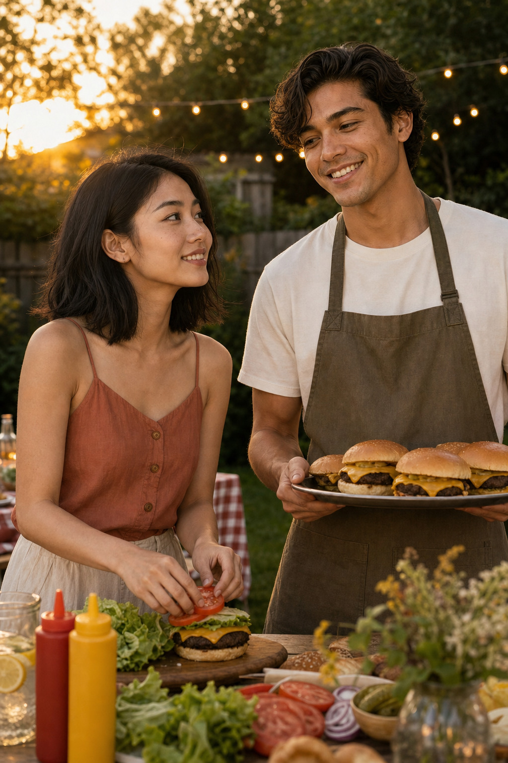 Marlowe in a terracotta linen top plates a cheeseburger at the backyard picnic table while Tate in a white tee and khaki apron holds a platter of burgers, both smiling at each other under string lights.