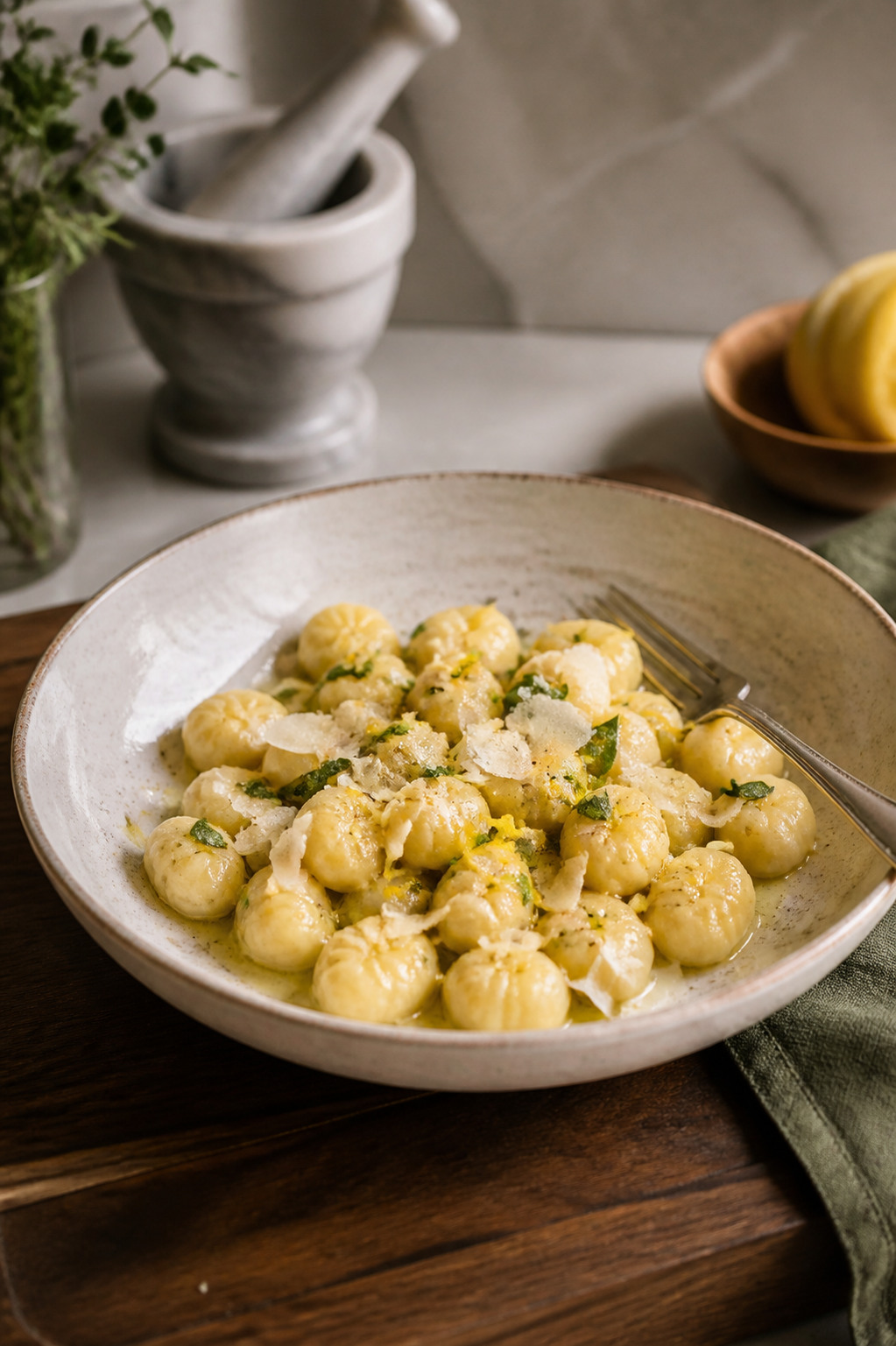 A wide ceramic bowl of soft ricotta gnocchi in a light sage-butter sauce with lemon zest and shaved parmesan, a fork resting on the rim.