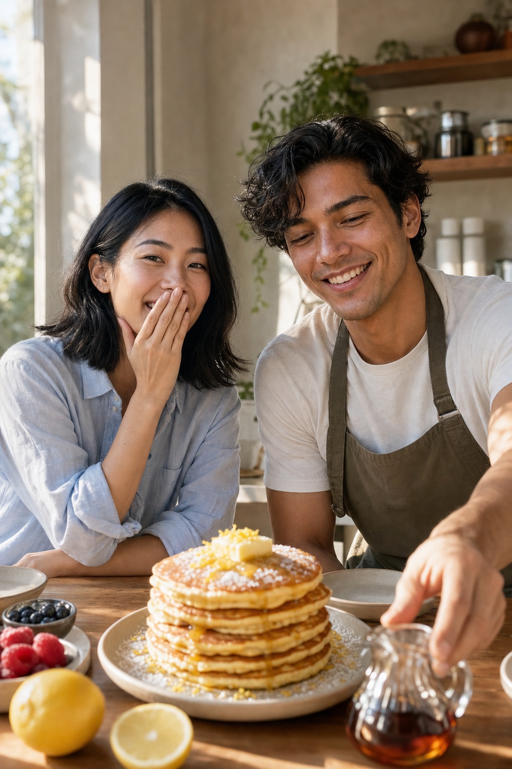 Marlowe and Tate seated at a sunlit dining table with a stack of tall golden lemon ricotta pancakes between them, Marlowe in a pale blue linen shirt laughing with her hand over her mouth, Tate in a white tee and khaki apron grinning and reaching for the syrup pitcher.