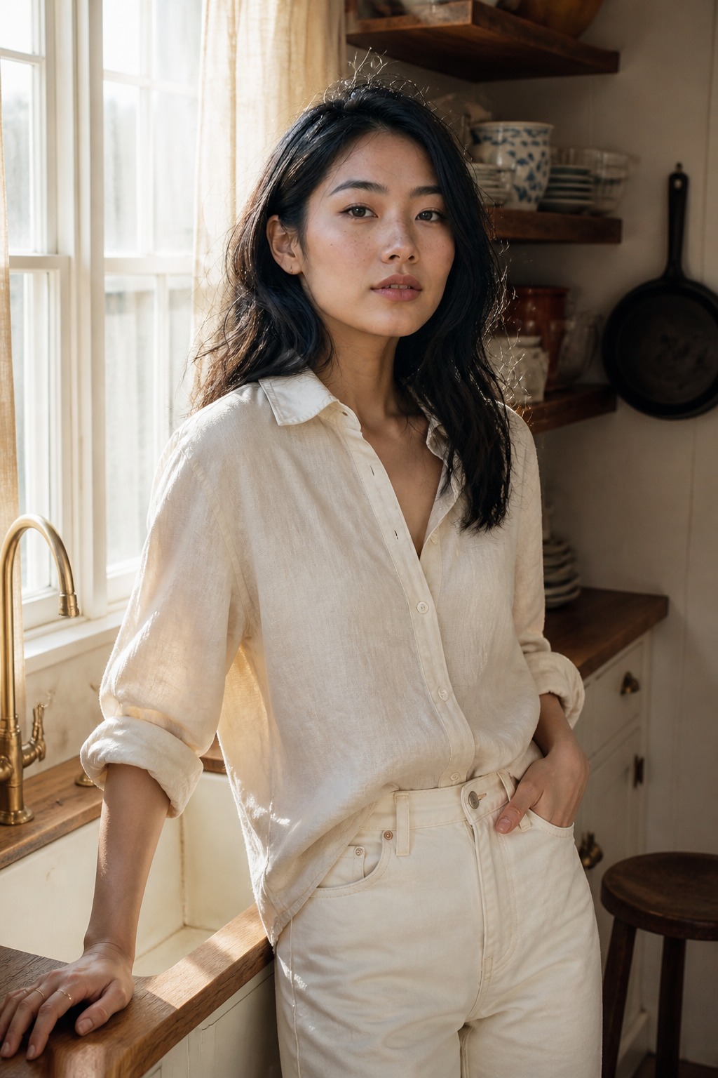 Marlowe in a natural/ecru soft linen button-front shirt beside a sunlit farmhouse kitchen window, visible linen texture and warm natural light.