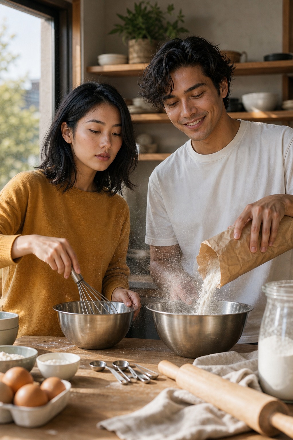 Marlowe and Tate baking together at a wooden kitchen counter, Marlowe in a mustard-yellow top whisking in a stainless steel mixing bowl, Tate in a white tee pouring flour from a paper bag into another stainless bowl, flour dust in the air.