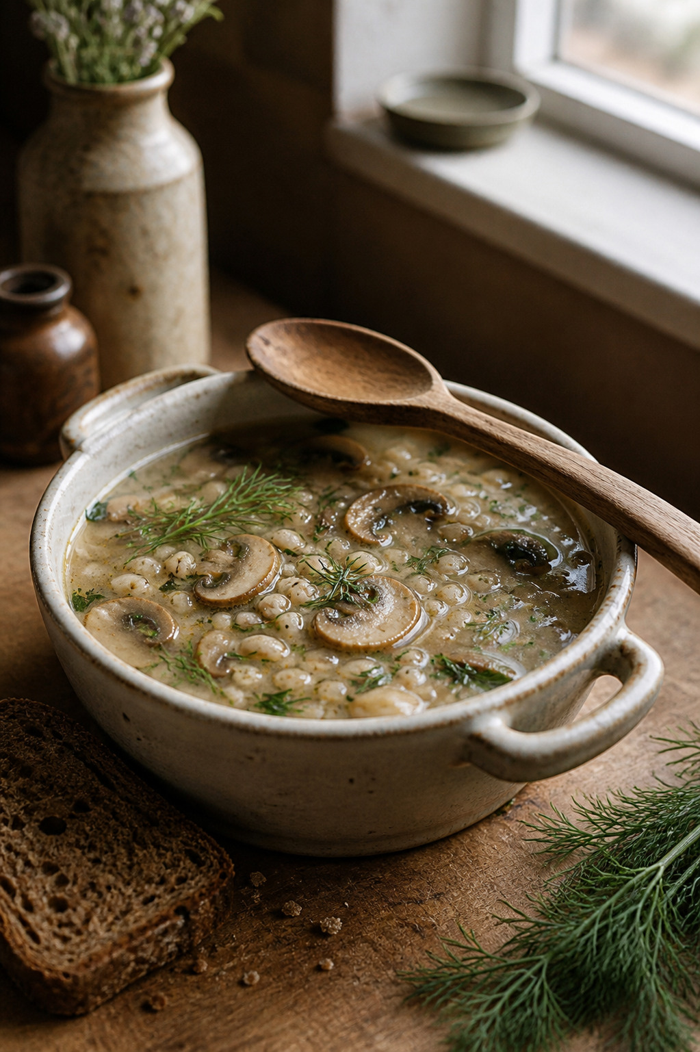 A rustic pot of mushroom barley soup with fresh dill, a wooden spoon resting on the rim, and a slice of dark rye bread beside it on a wooden counter.