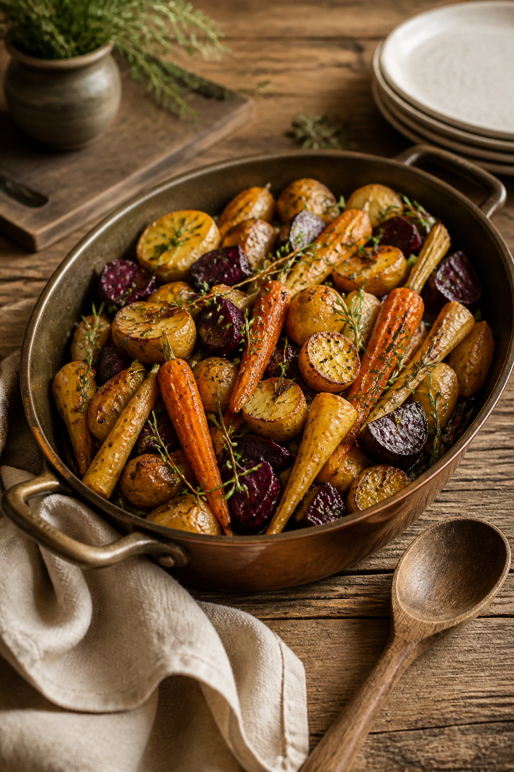A bronze-toned cast-iron pan of roasted winter root vegetables — carrots, parsnips, beets, and baby potatoes with fresh thyme and rosemary — on a wooden farmhouse table.