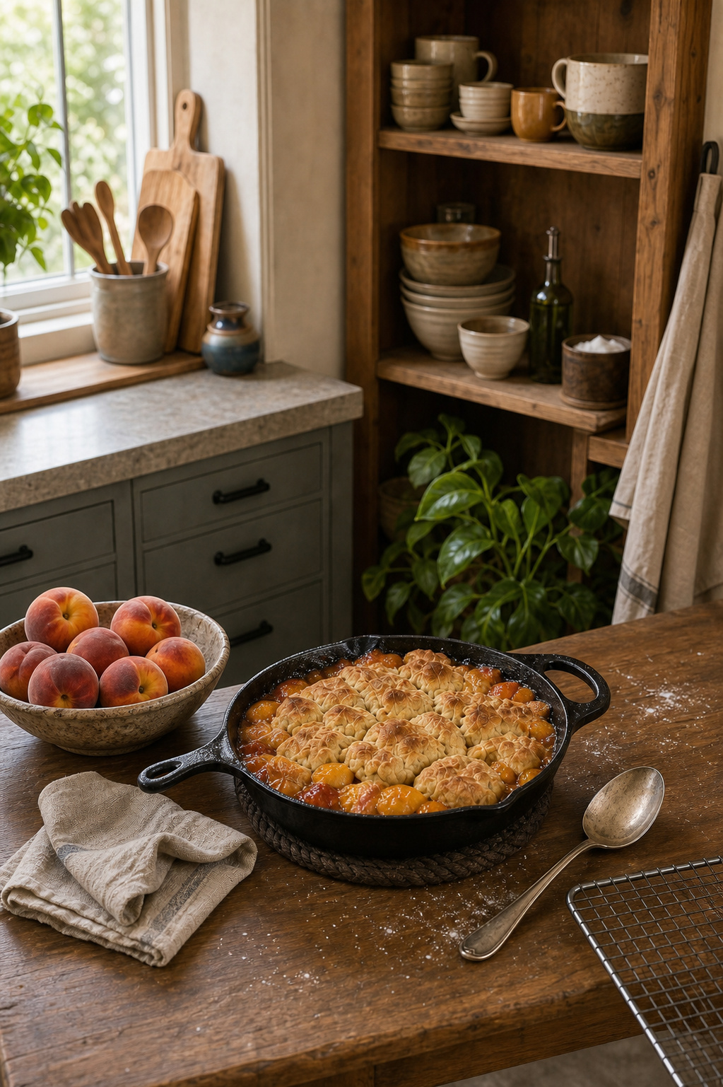 A golden peach cobbler cooling in a dark skillet beside fresh peaches and folded linen.