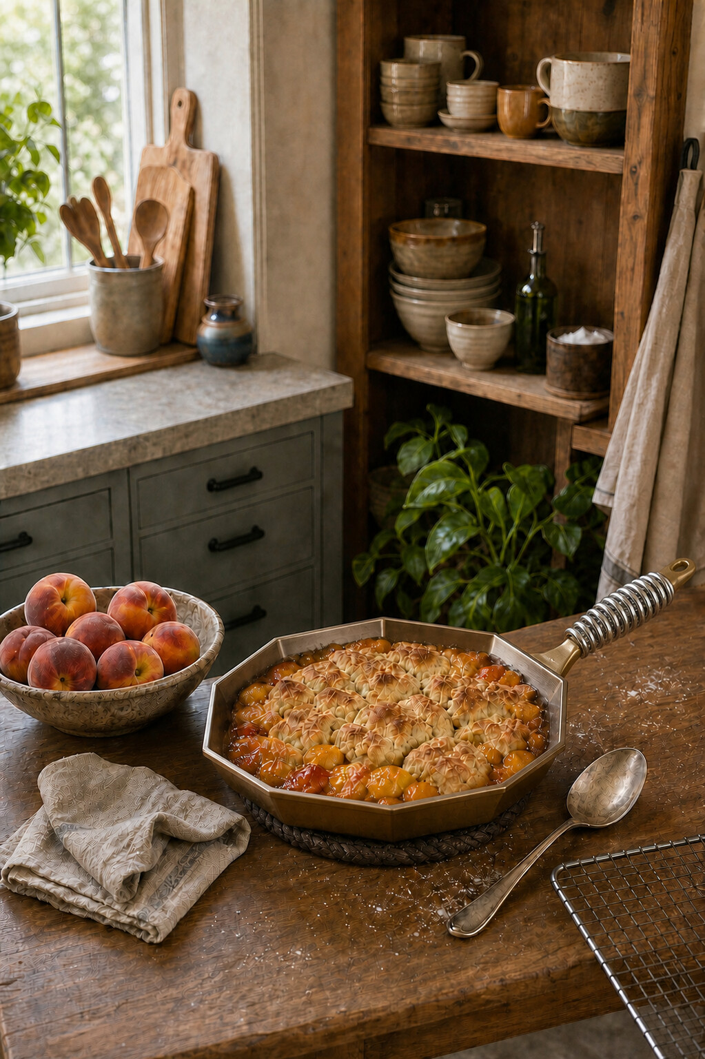 A golden peach cobbler cooling in a premium handcrafted bronze-toned skillet with an octagonal rim, polished interior, and a coiled spring-steel handle ending in a small brass cap, beside fresh peaches and folded linen.