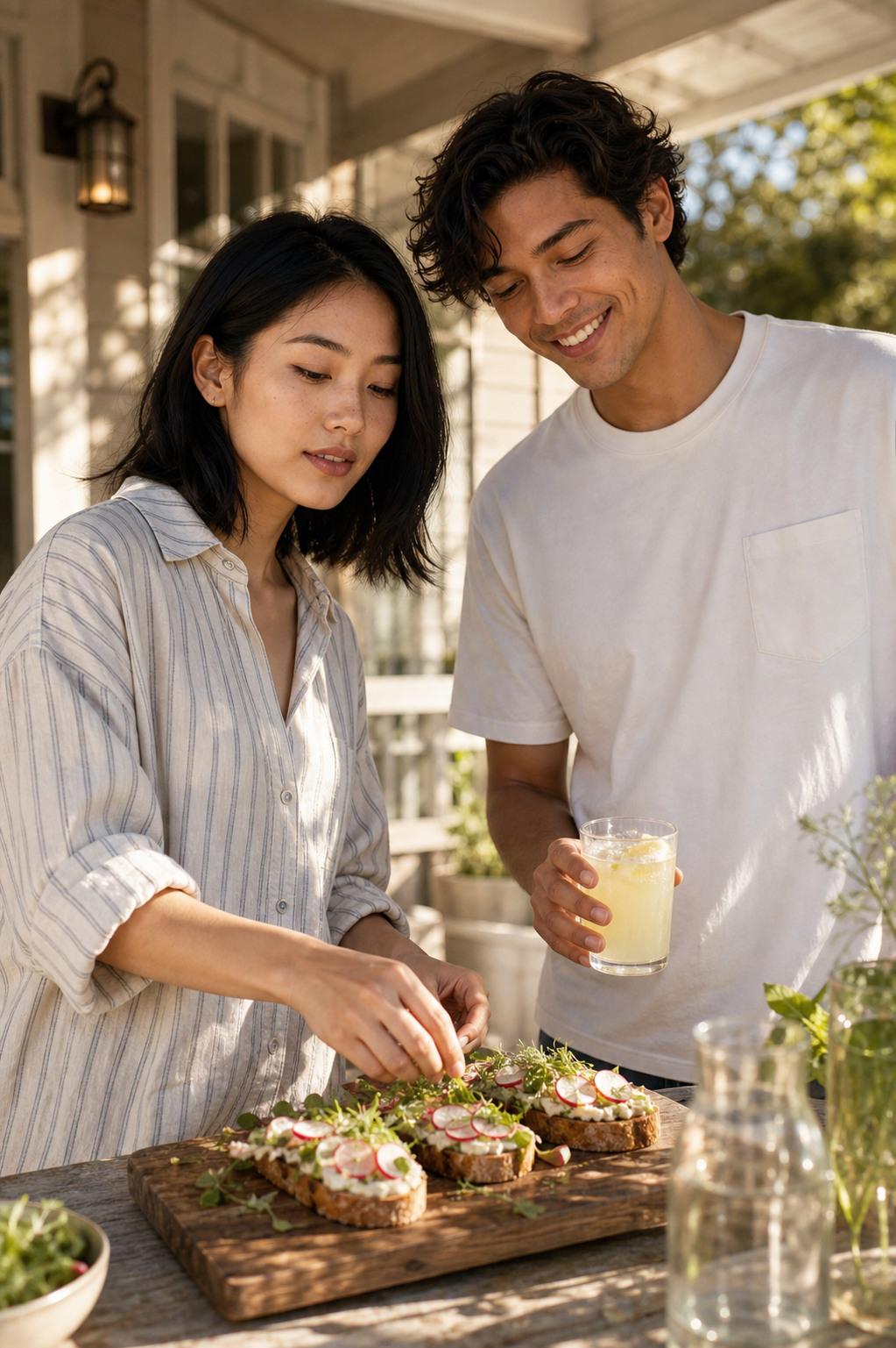 Marlowe in a striped linen shirt arranges radish and herb tartines on a wooden board on the sunlit porch while Tate in a white tee holds a glass of lemonade, both in profile looking at the board.