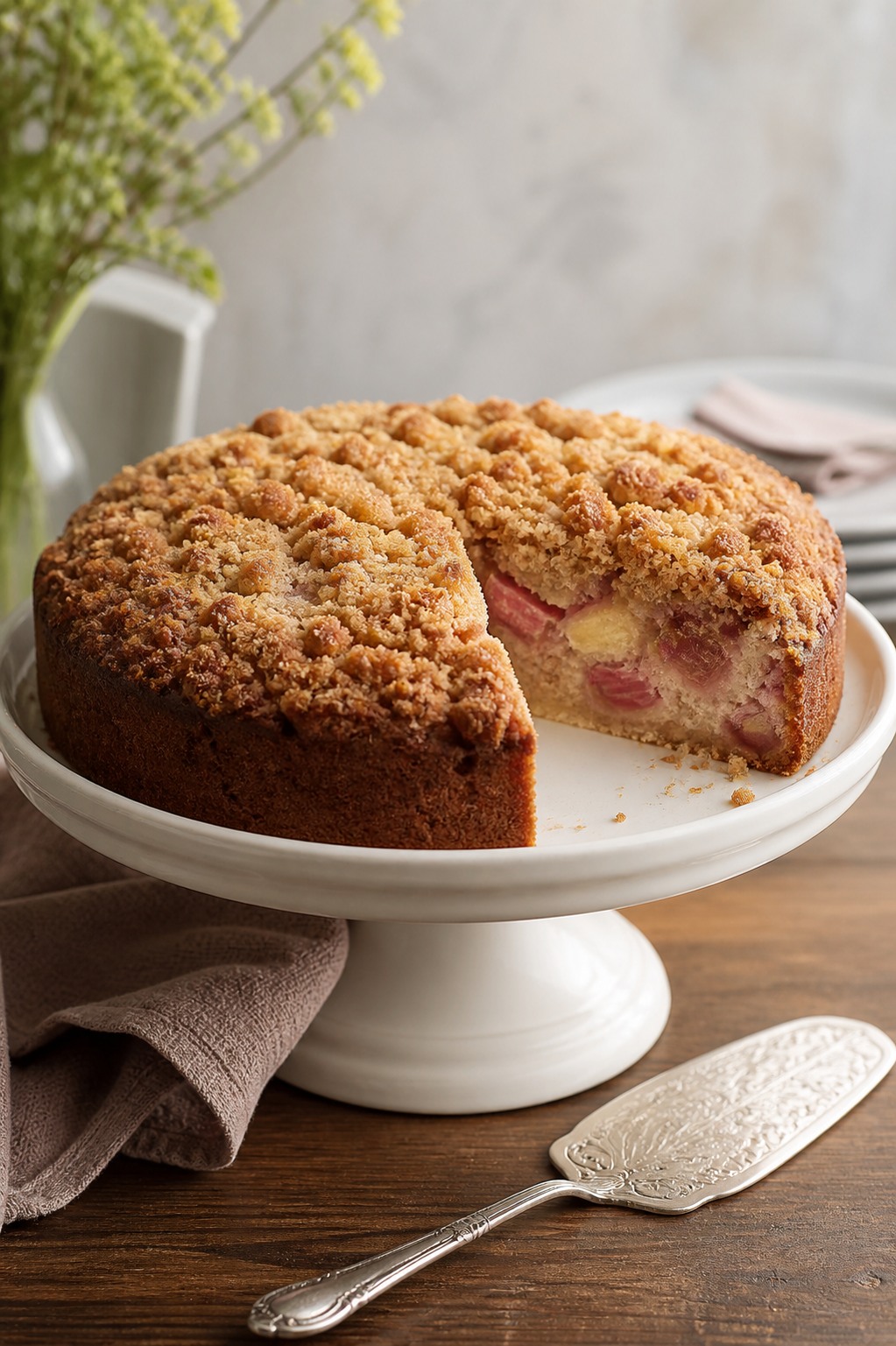 A whole rhubarb crumb cake on a cream ceramic cake stand with golden crumb topping, a slice cut out showing the pink rhubarb filling, on a wooden table.