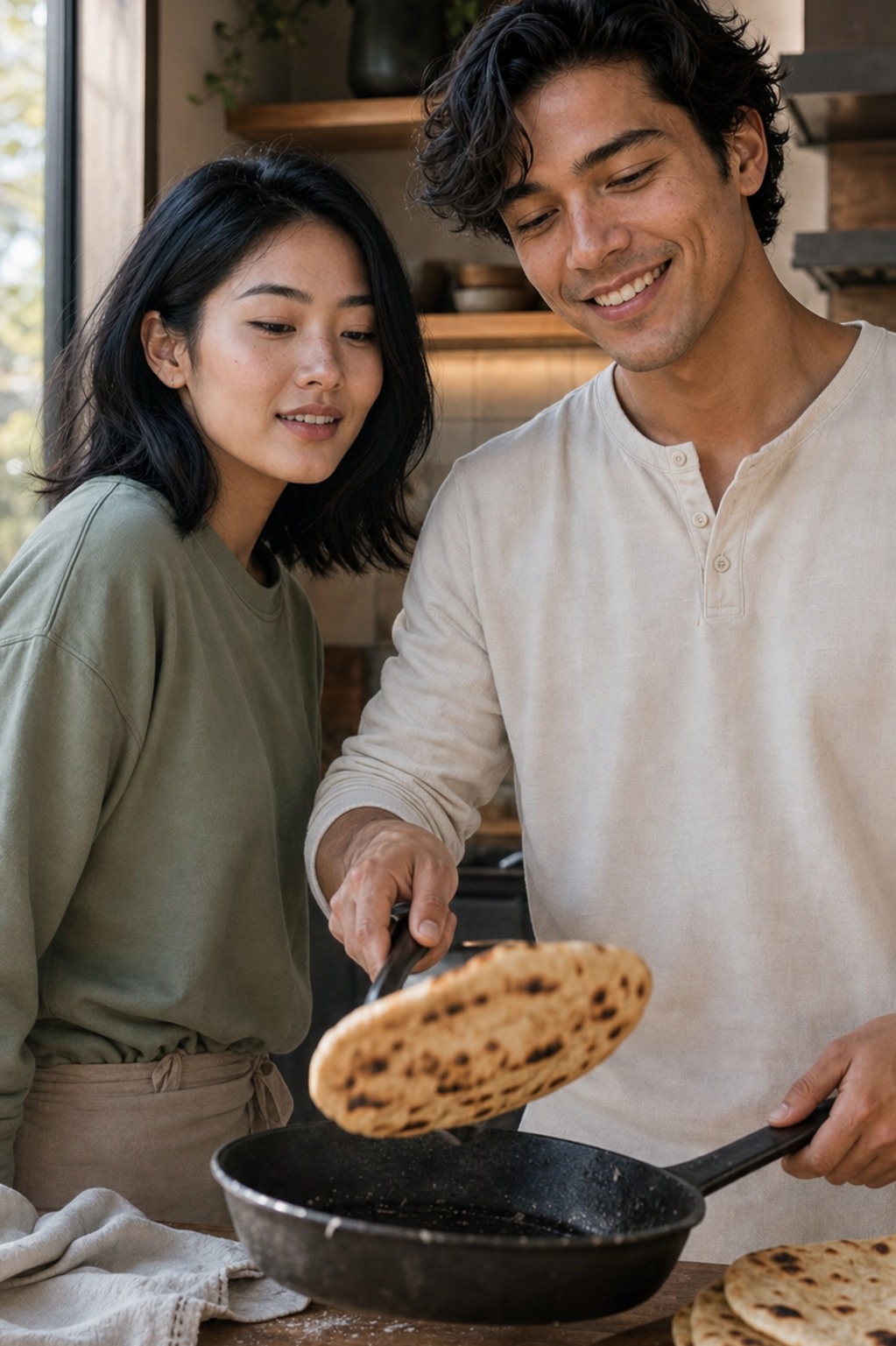 Tate in a cream henley flips a blistered flatbread in a cast-iron skillet with a focused grin while Marlowe in a sage green top watches with an amused smile, a stack of cooked flatbreads on a board beside them.