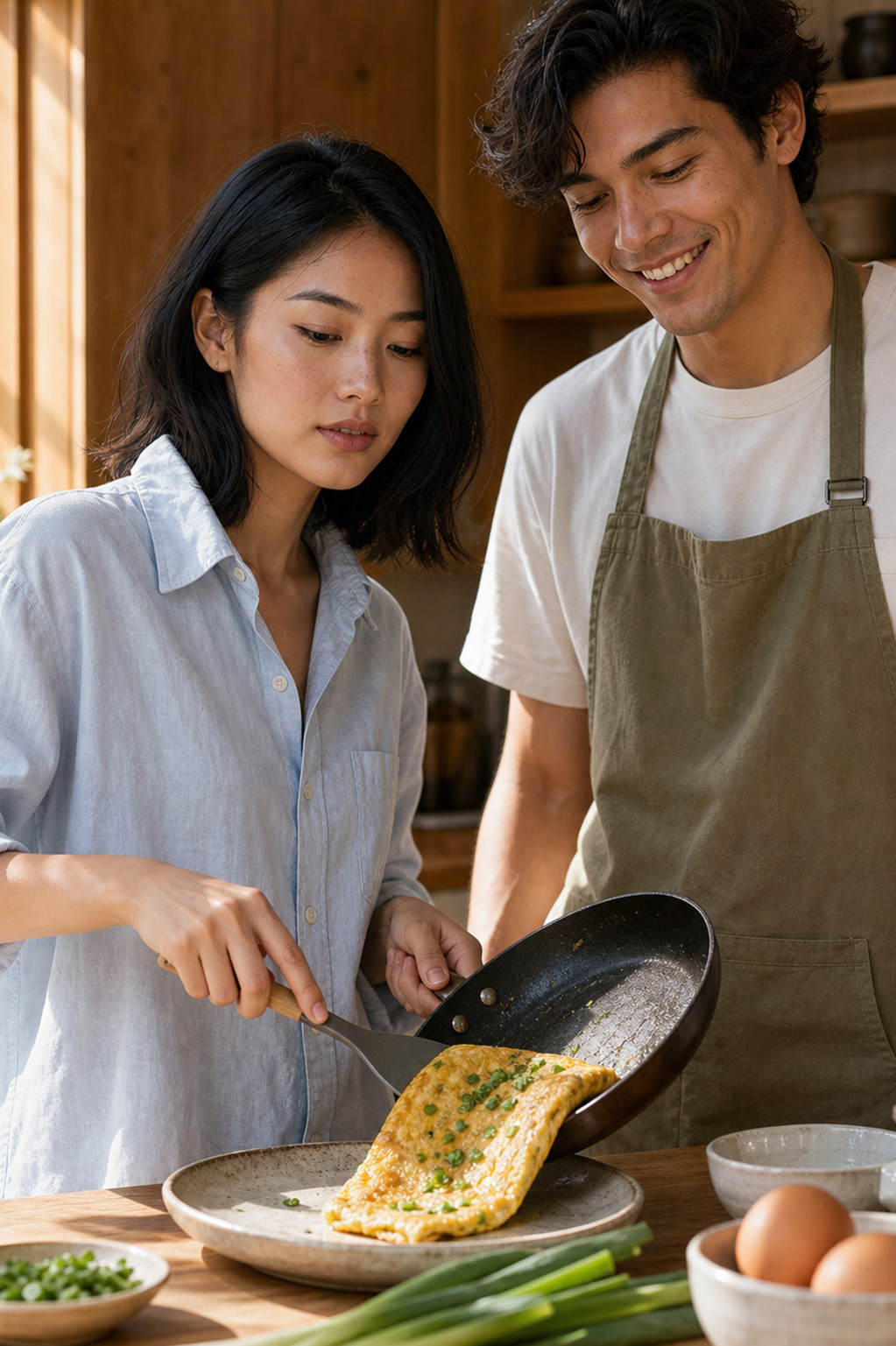Marlowe in a pale blue linen shirt slides a golden folded spring onion omelette onto a ceramic plate at the kitchen counter while Tate in a white tee and khaki apron watches with an amused smile.