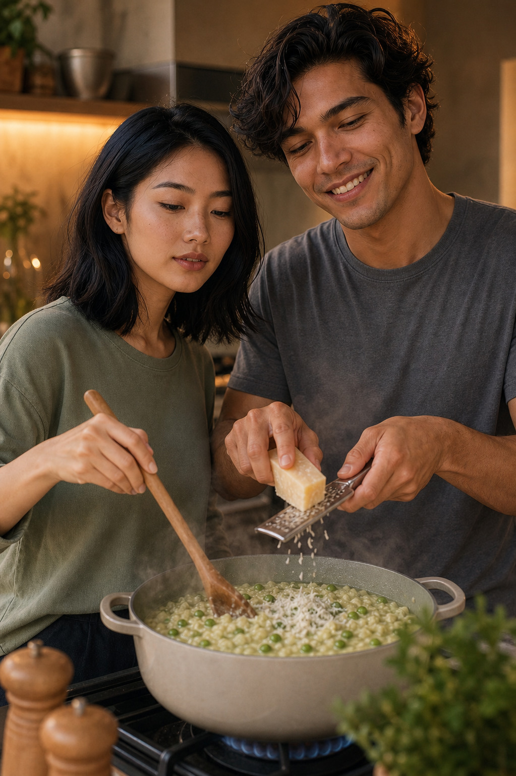Marlowe in a sage green top stirs a pot of creamy green pea risotto with a wooden spoon at the warm stovetop while Tate in a grey tee grates parmesan over it, both focused on the pot.