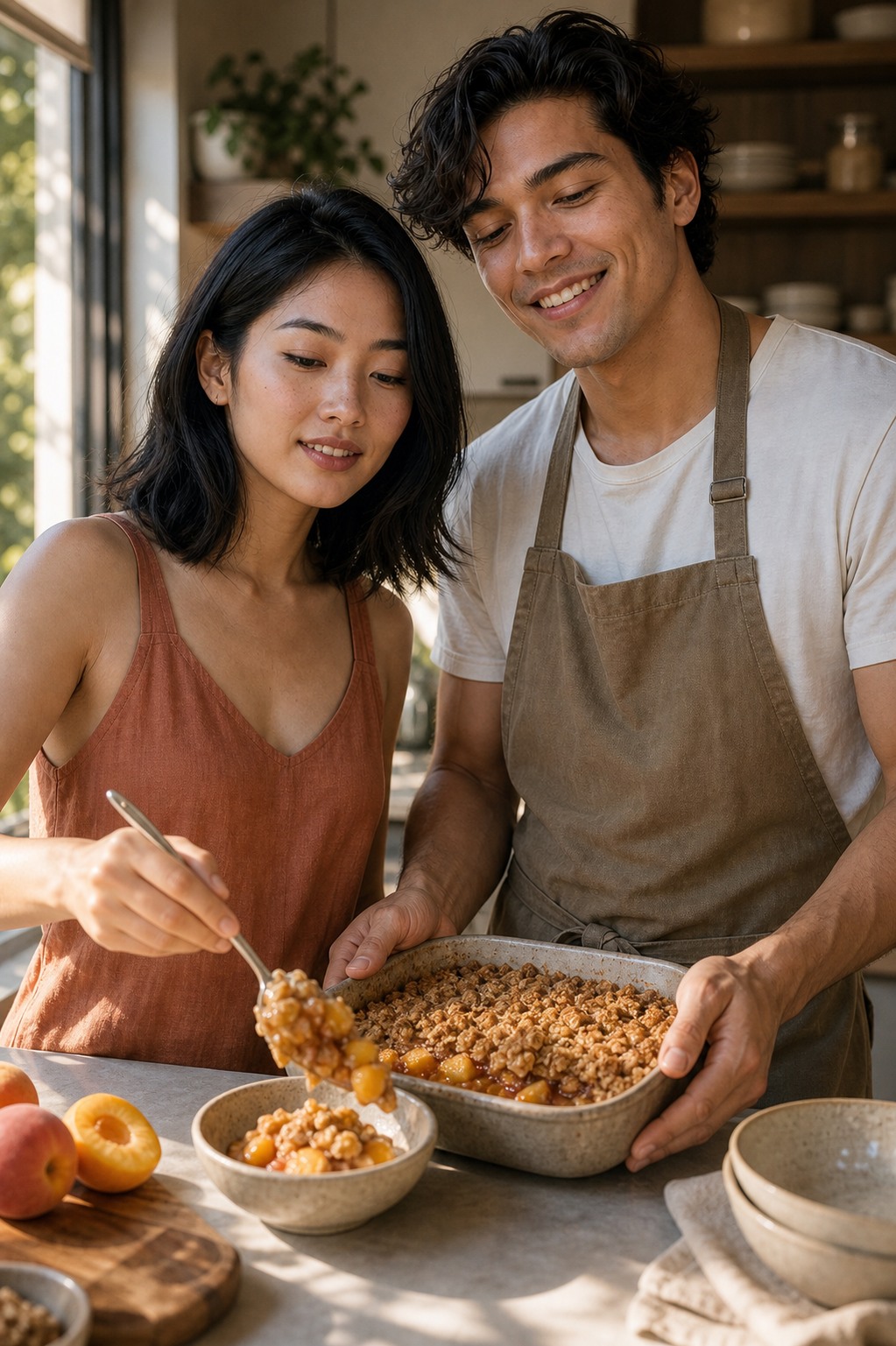 Marlowe in a terracotta linen top scoops a golden stone-fruit crisp into a bowl while Tate in a white tee and khaki apron holds the baking dish, both looking at the crisp with pleased smiles.