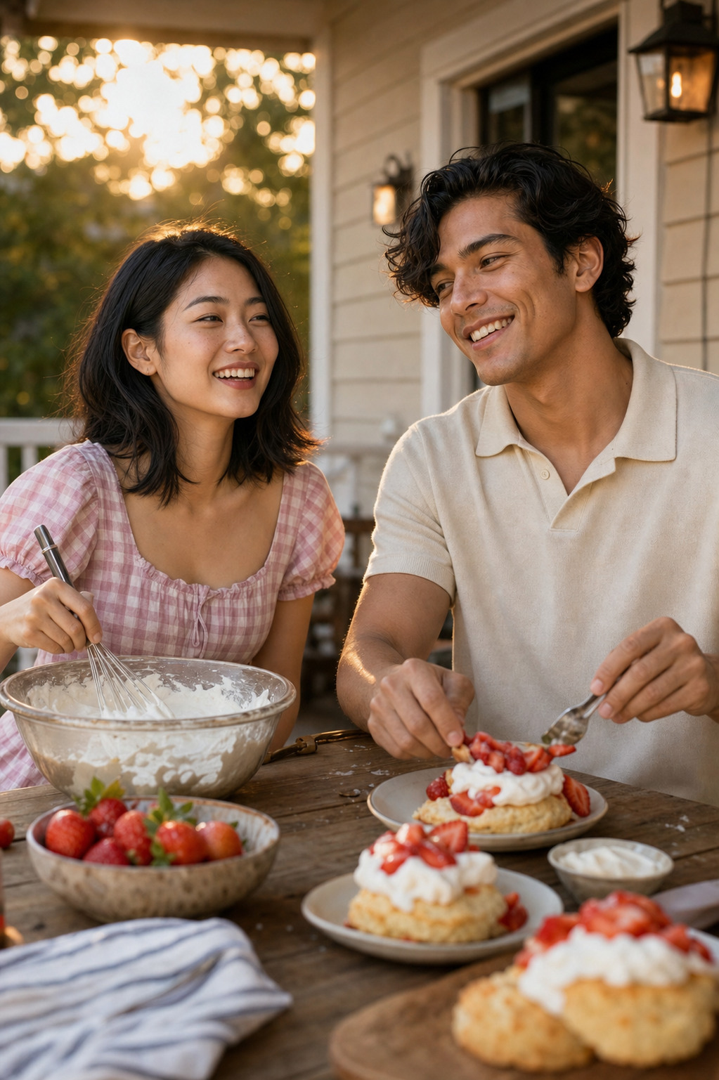 Marlowe in a pink gingham top whips cream in a bowl on the porch table while Tate in a cream polo shirt plates strawberry shortcakes, both laughing and looking at each other.