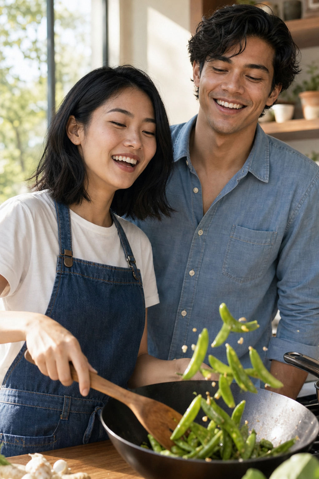 Marlowe in a white tee and denim apron tosses bright sugar snap peas in a wok with a wooden spatula while Tate in a light blue chambray shirt watches with an amused grin, both laughing.