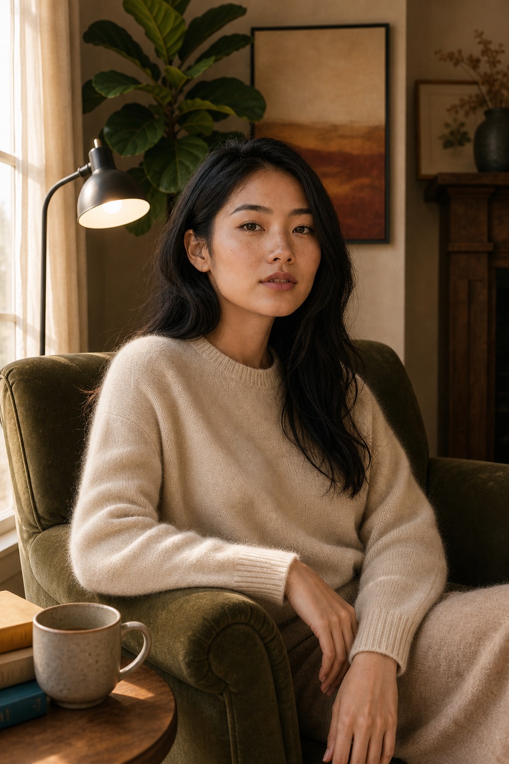 Marlowe seated in a canonical farmhouse living-room armchair in a soft cream cashmere crewneck, warm natural light, ribbed finish visible, quiet editorial atmosphere.