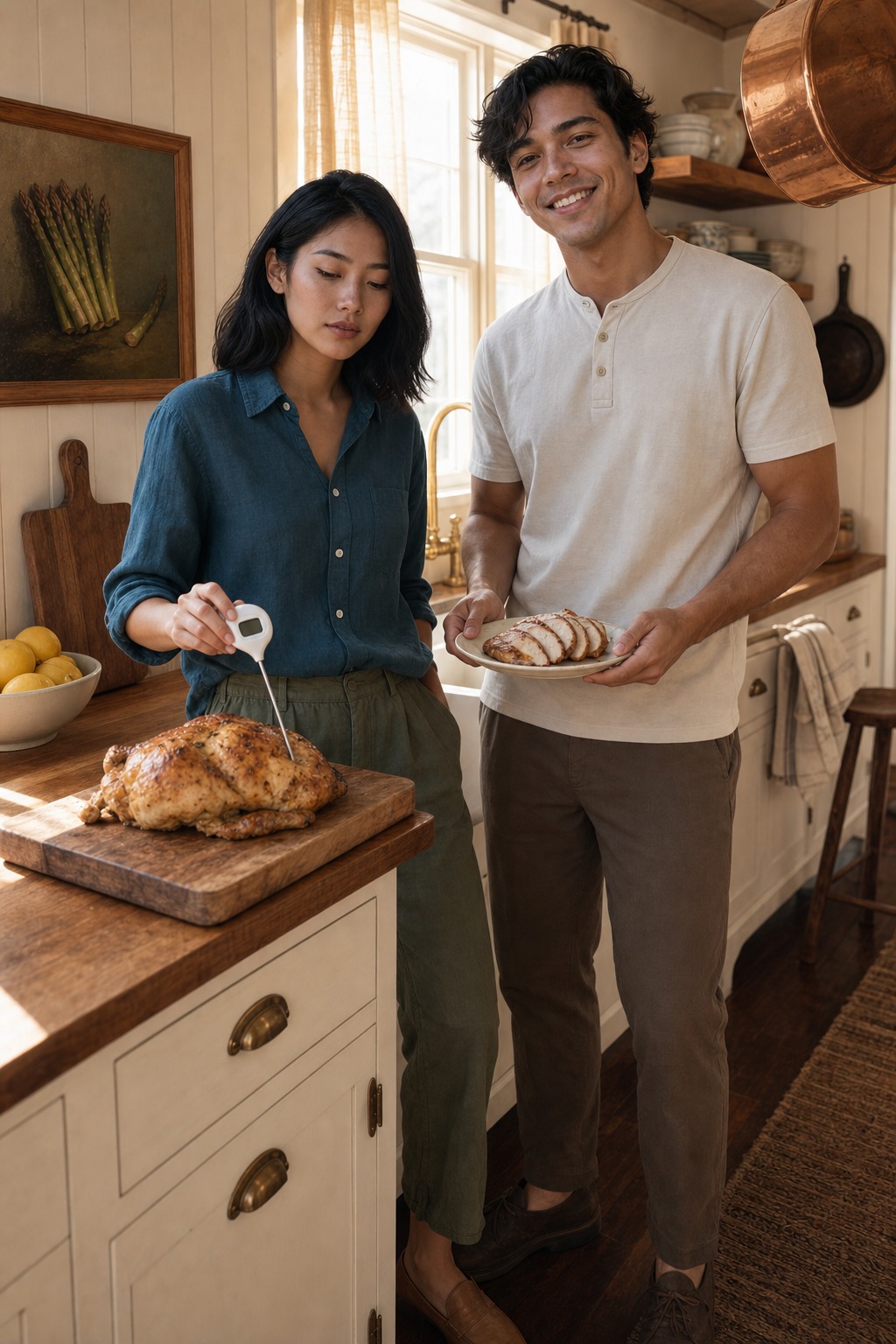 Marlowe checks a roast chicken with a white instant-read thermometer while Tate holds the carved slices nearby.