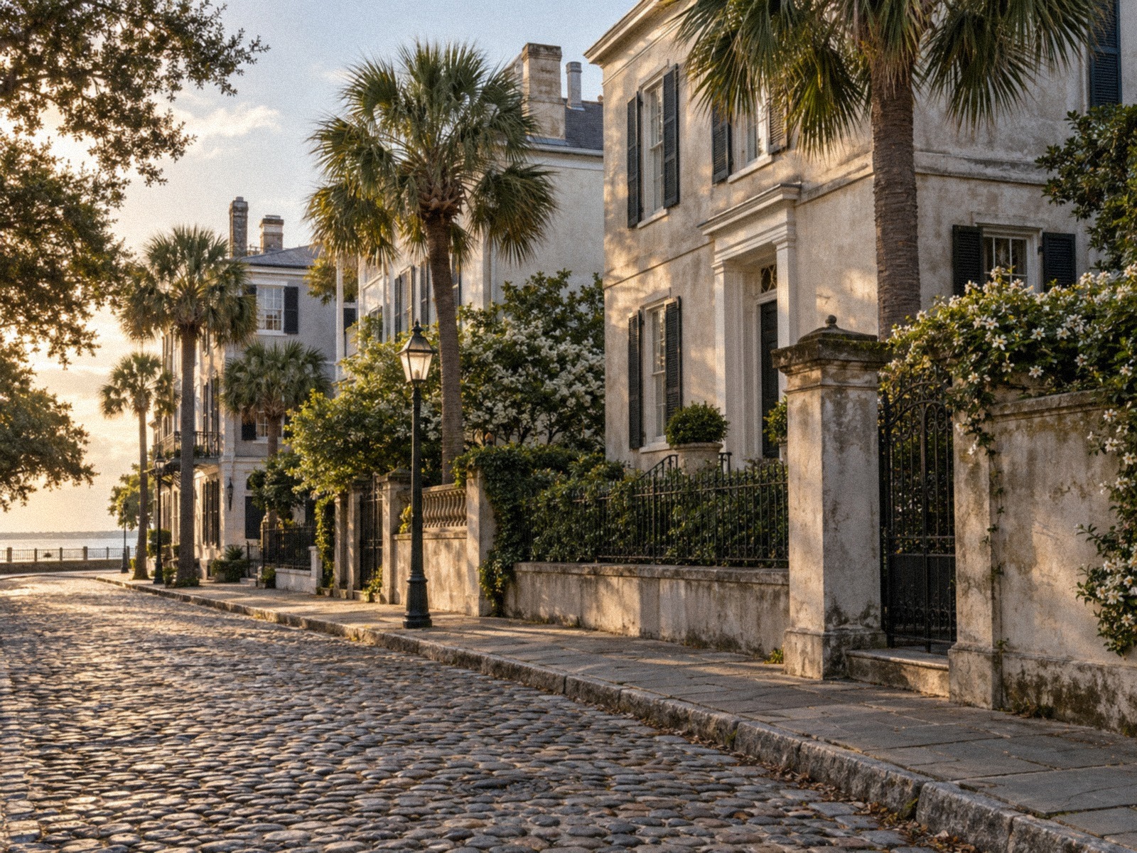 Whitewashed houses, iron gates, and palmettos along a cobblestone street near Charleston's East Battery.