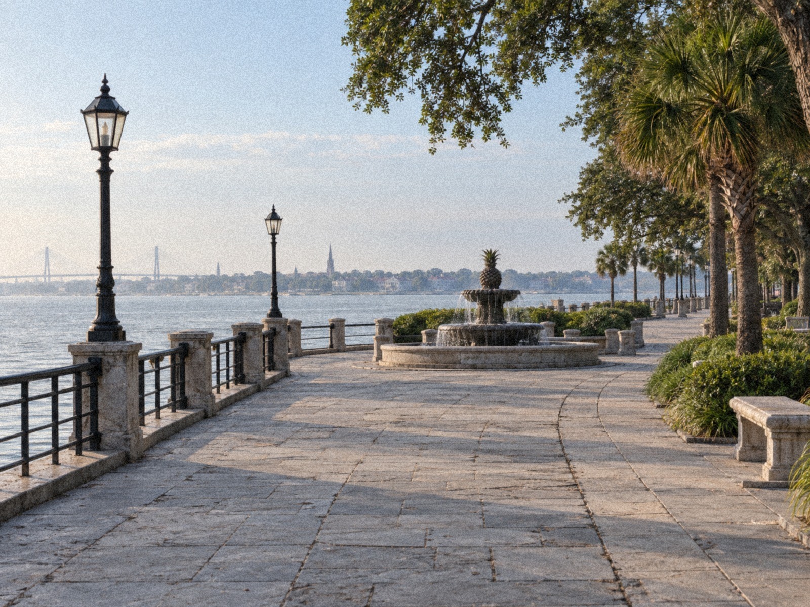 The stone promenade and pineapple fountain at Charleston Waterfront Park, with palmettos and the harbor beyond.