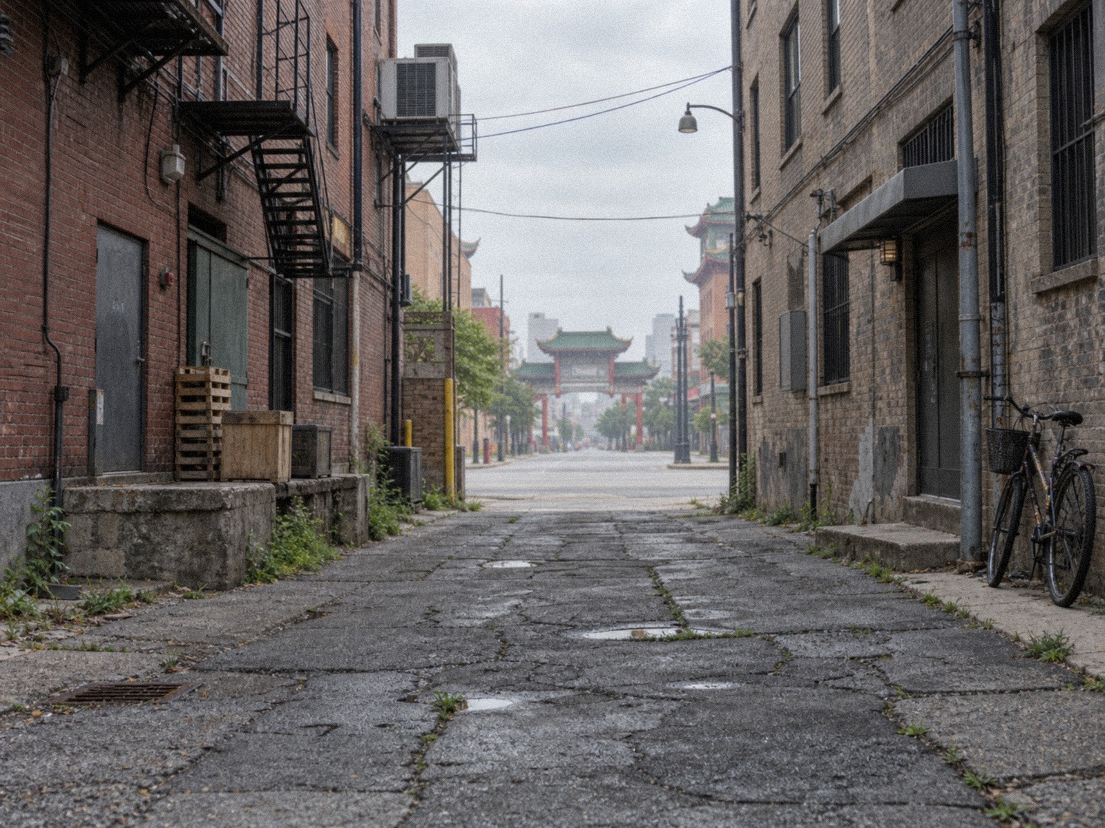 The Chinatown archway at the end of a brick storefront street in Chicago under an overcast sky.