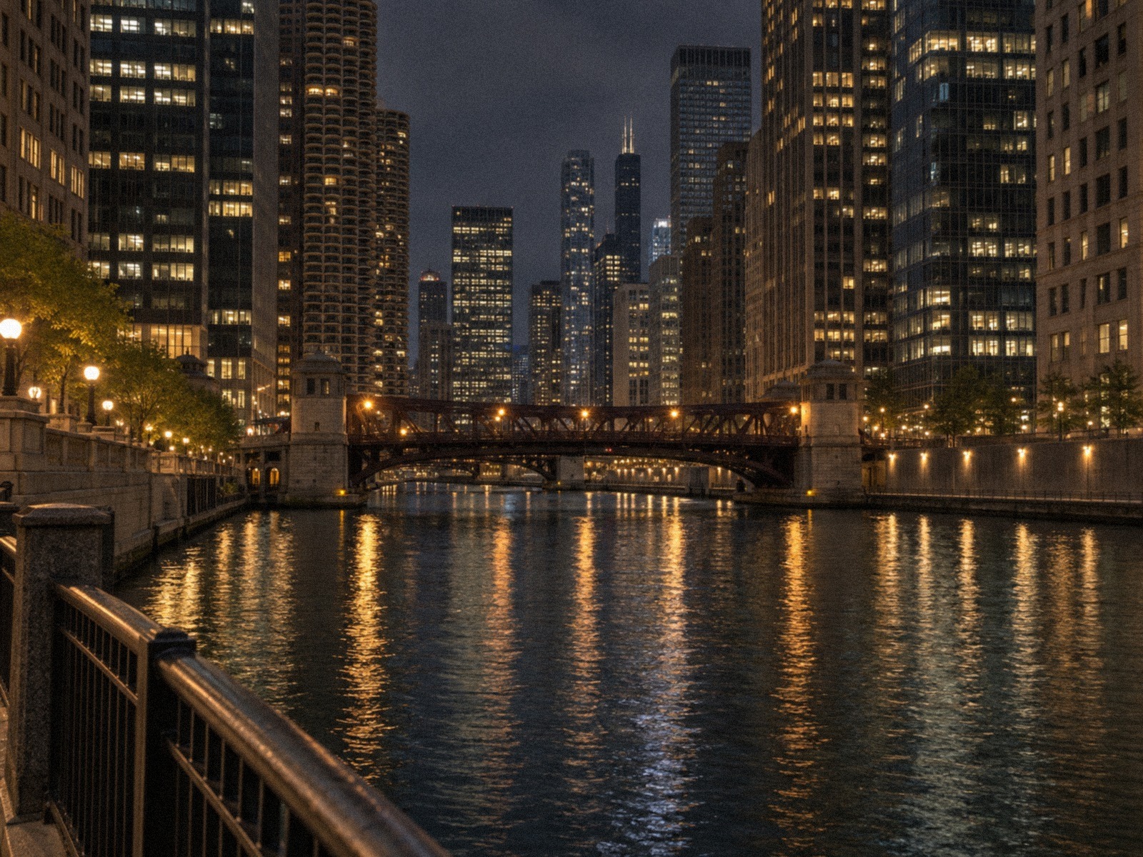 Chicago towers and a lit bridge reflected in the river after dark.