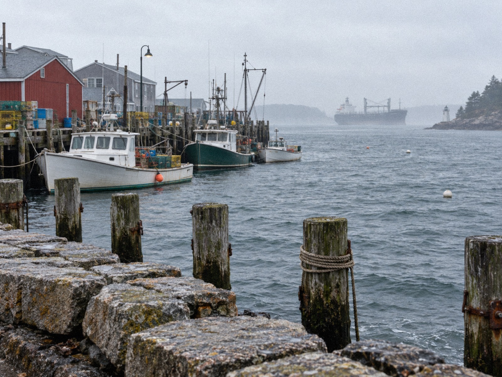 Moored fishing boats at a working pier in Portland Harbor on a foggy morning, with a large ship lying further out.