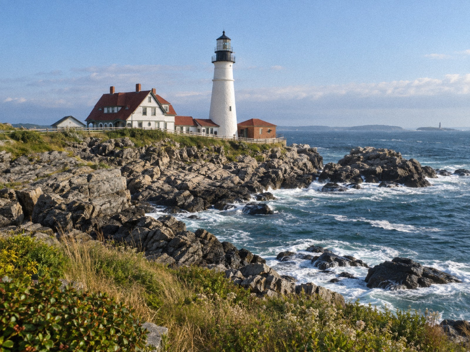 Portland Head Light and its keeper's house above the surf on a rocky Maine headland.