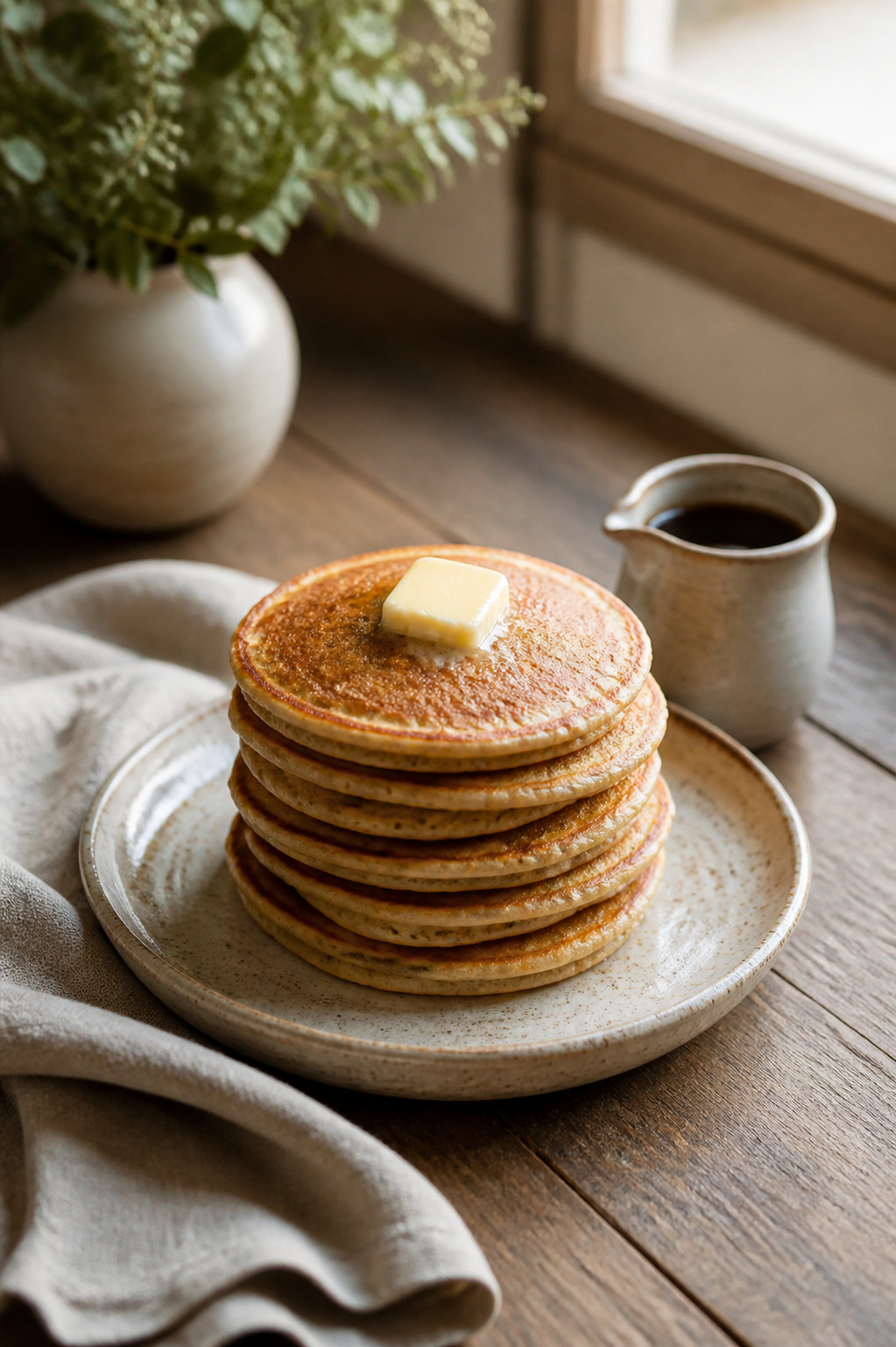 A stack of golden whole-grain buttermilk pancakes on a ceramic plate with a pat of butter melting on top and a small pitcher of maple syrup beside it.